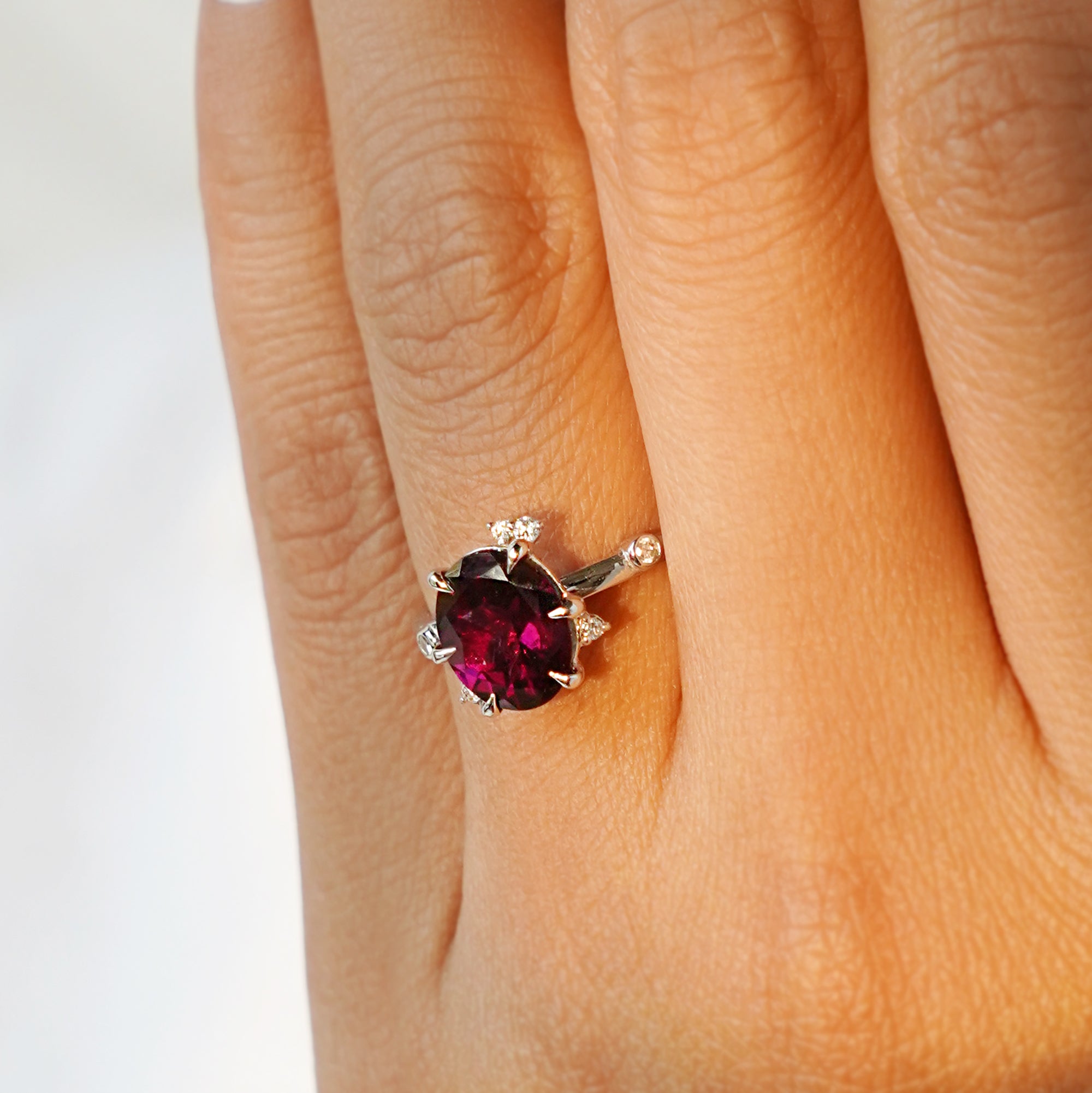 Flower Rhodolite & Diamond Ring - Solid 14K White Gold | BITS OF BALI JEWELRY