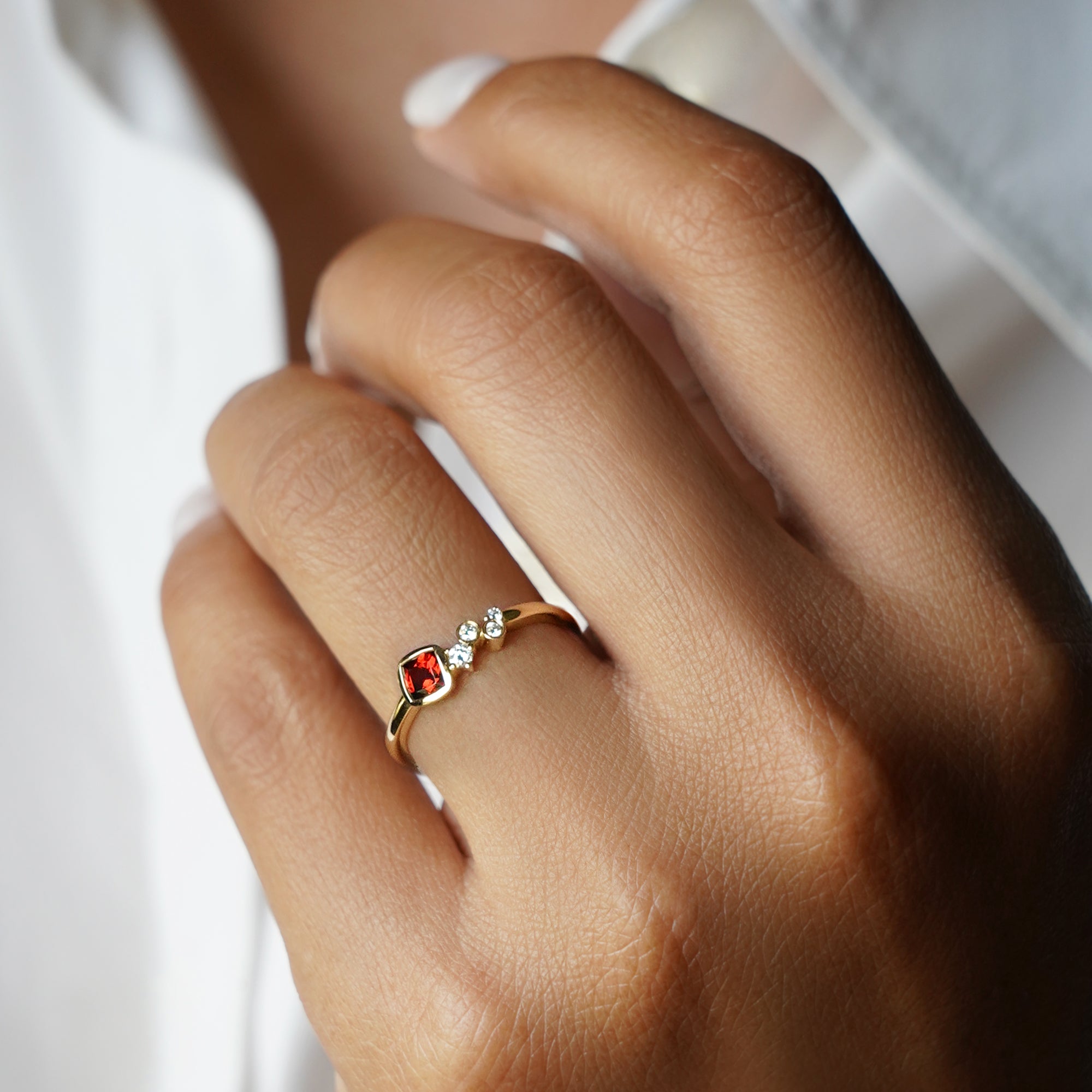 Square Garnet & 5 Diamond Ring - Solid 14K Yellow Gold | BITS OF BALI JEWELRY