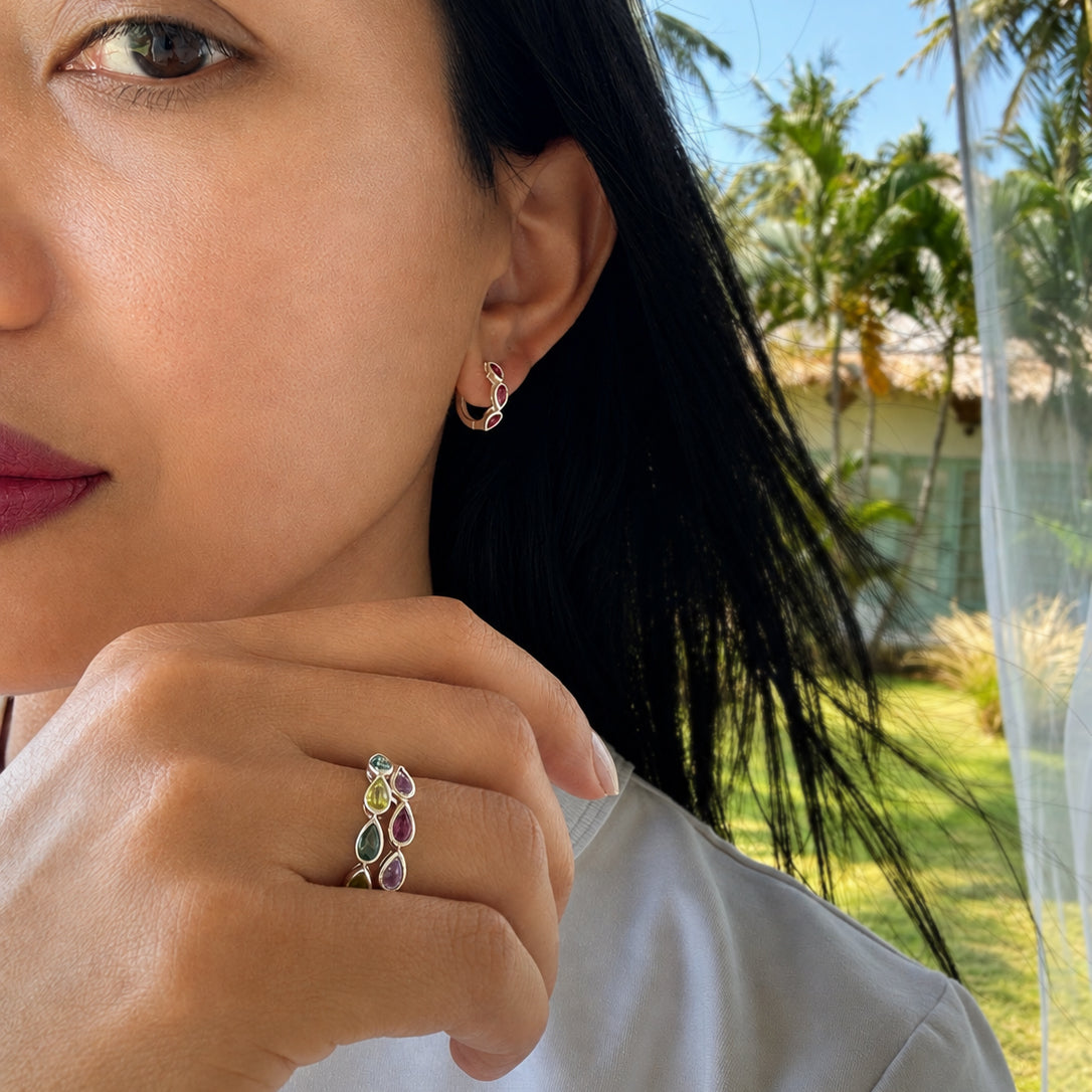 Three Pear Huggies Earring - Garnet - Sterling Silver