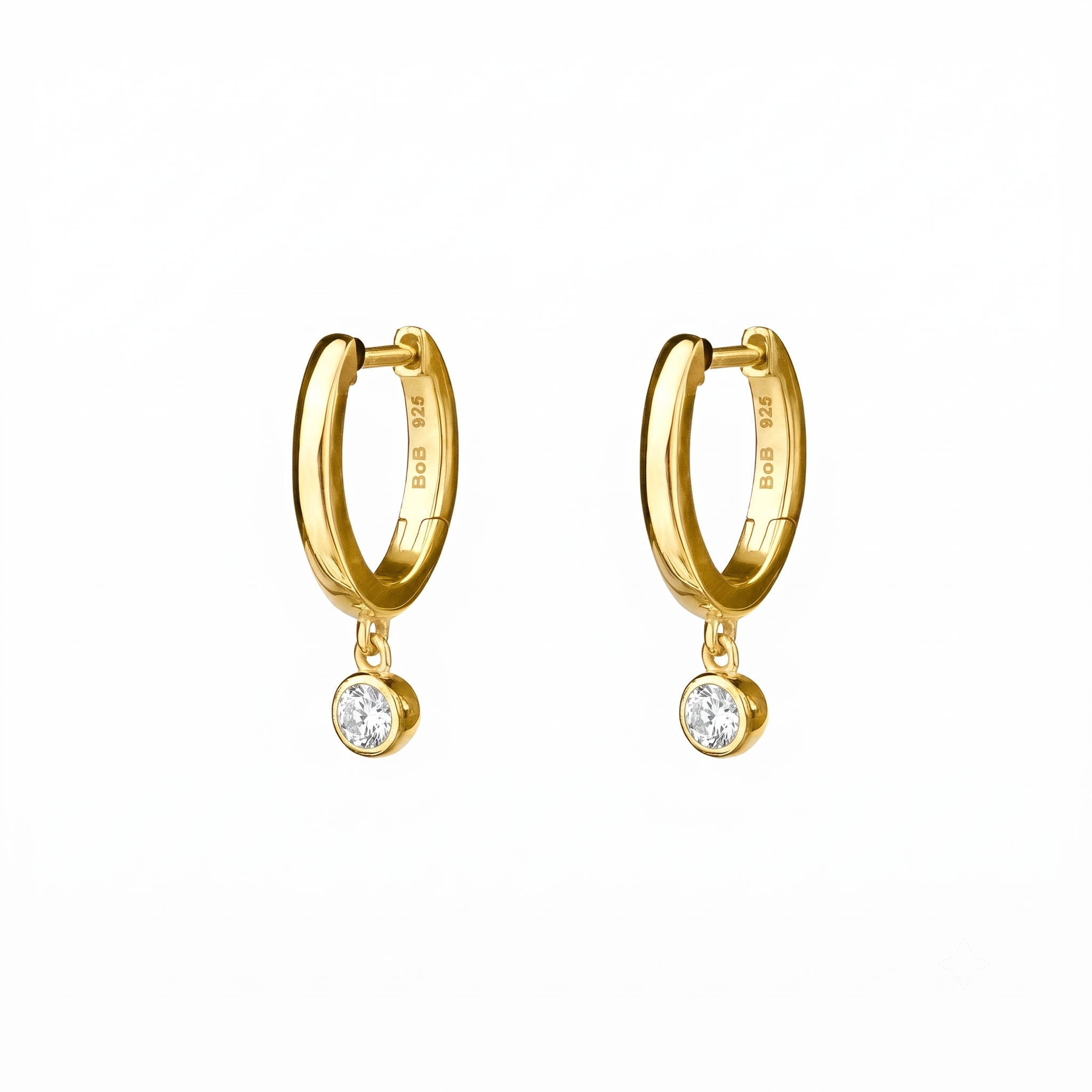 Mini Huggies Earrings With White CZ Bezel Charm - Gold Vermeil