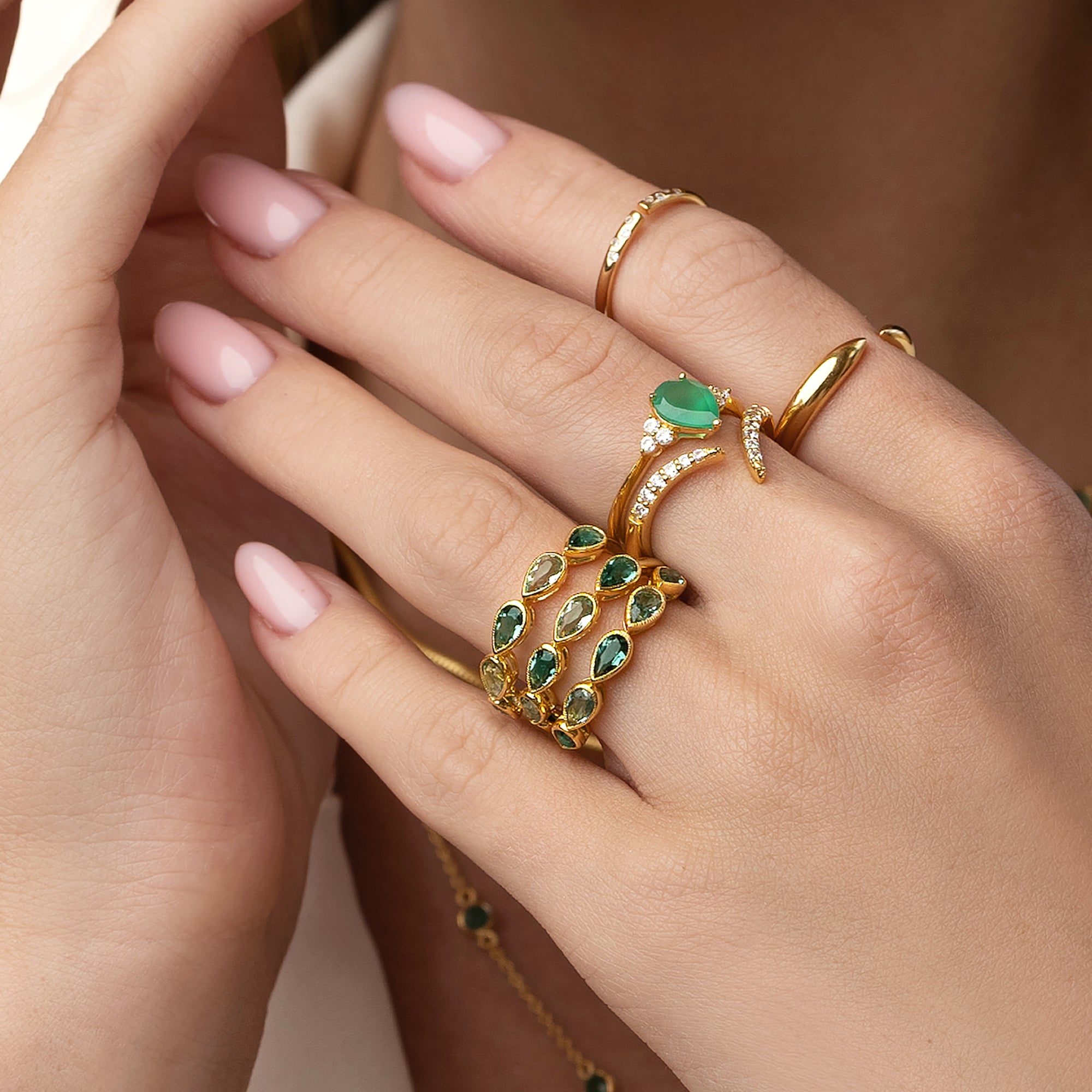 Pear-Shaped Green Quartz Half Eternity Ring - Sterling Silver