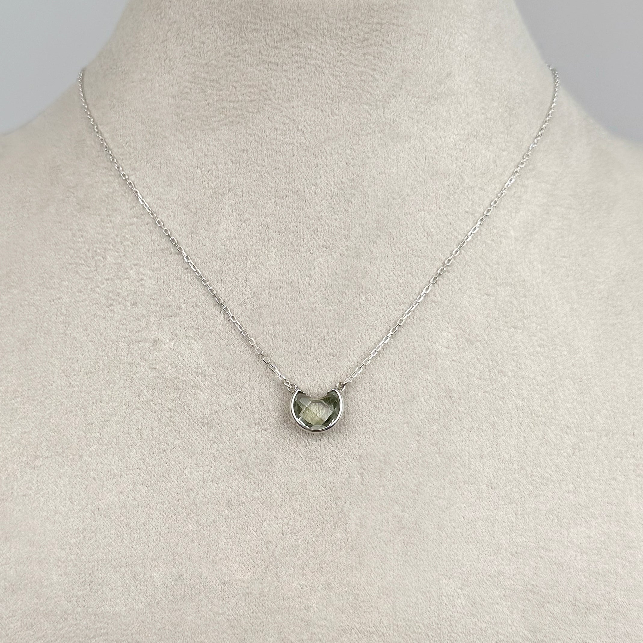 Green Amethyst Crescent Moon Necklace - Sterling Silver