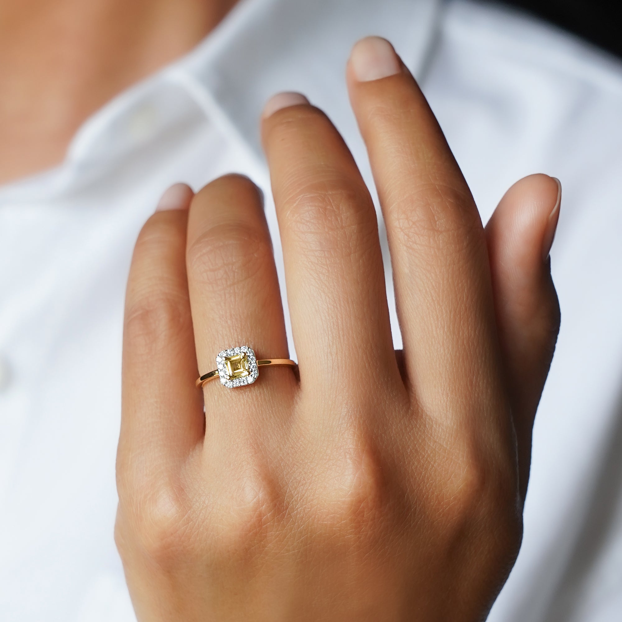 Heliodor Beryl & Halo Natural Diamond Ring - Solid 18k Yellow Gold | BITS OF BALI JEWELRY