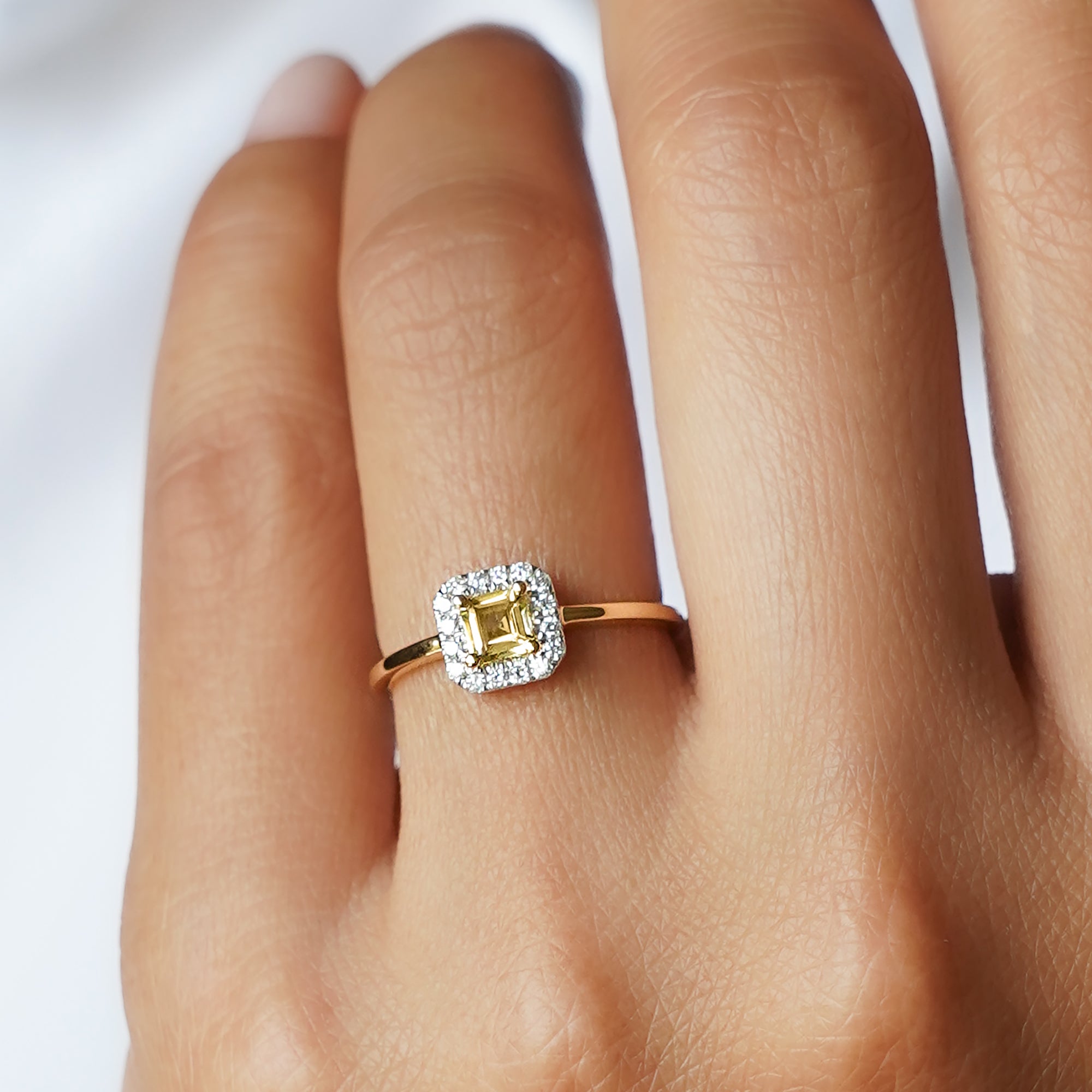 Heliodor Beryl & Halo Natural Diamond Ring - Solid 18k Yellow Gold | BITS OF BALI JEWELRY