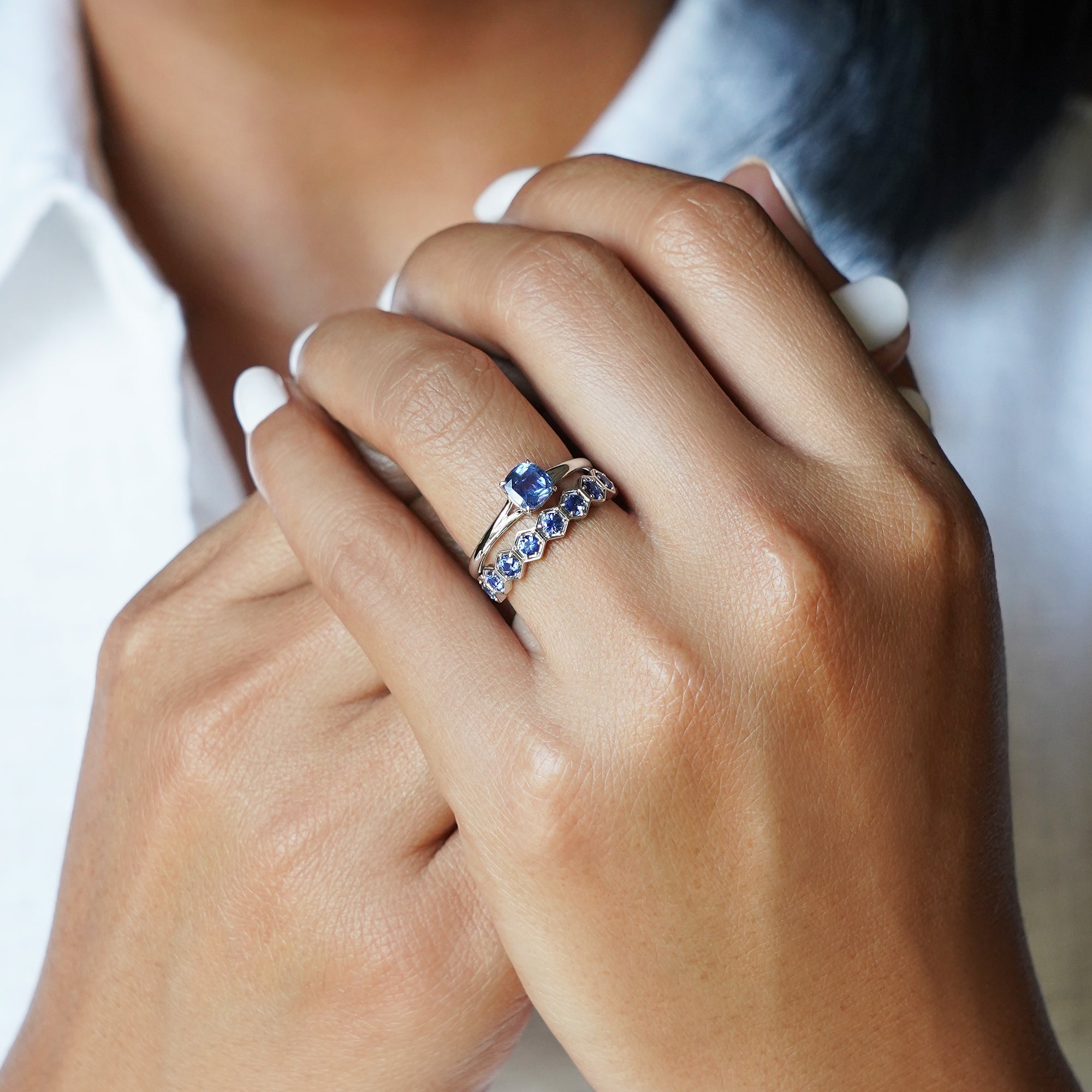 Hexagon Blue Sapphire Ring - Solid 18K White Gold | BITS OF BALI JEWELRY