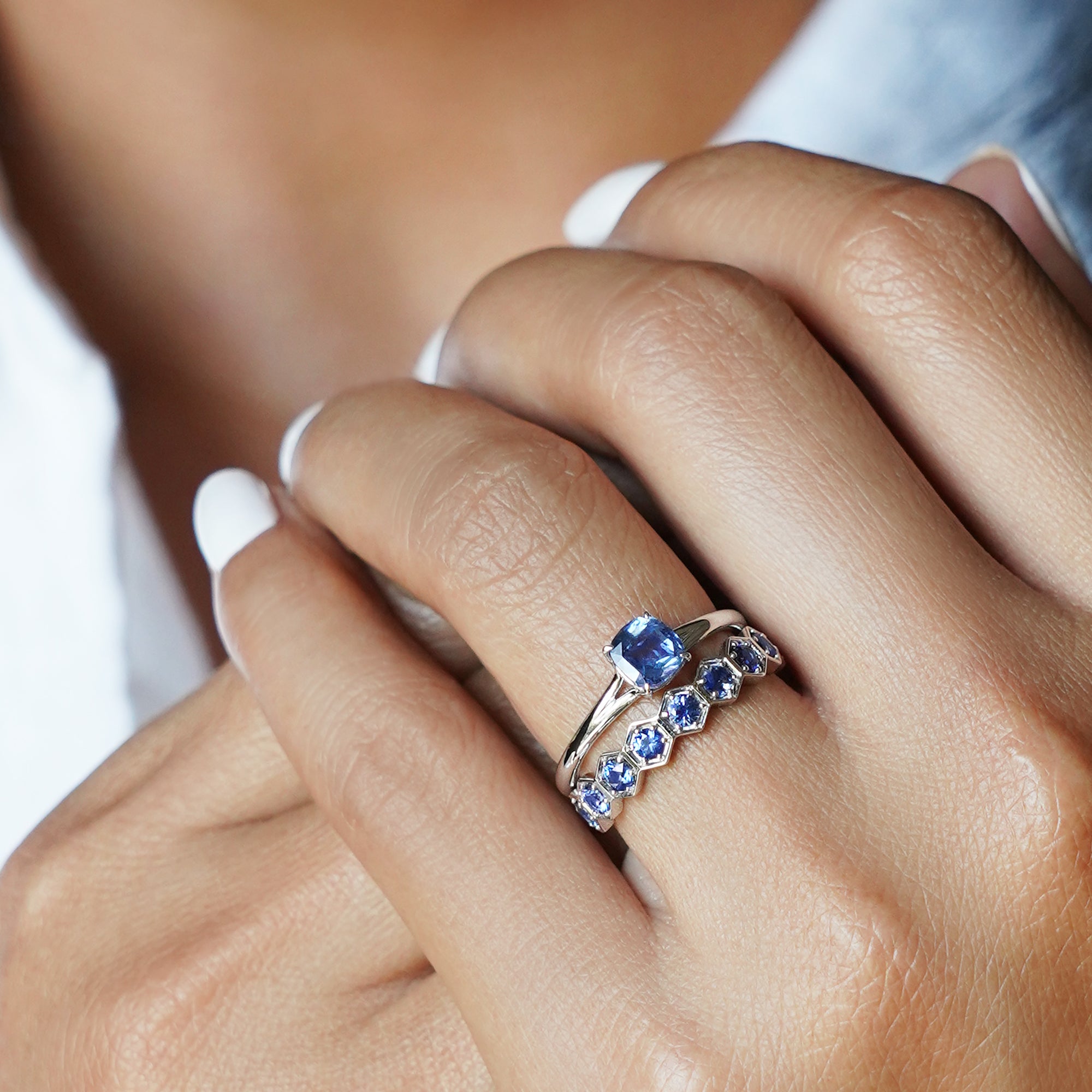 Double Shank Blue Sapphire Ring - Solid 14K White Gold | BITS OF BALI JEWELRY
