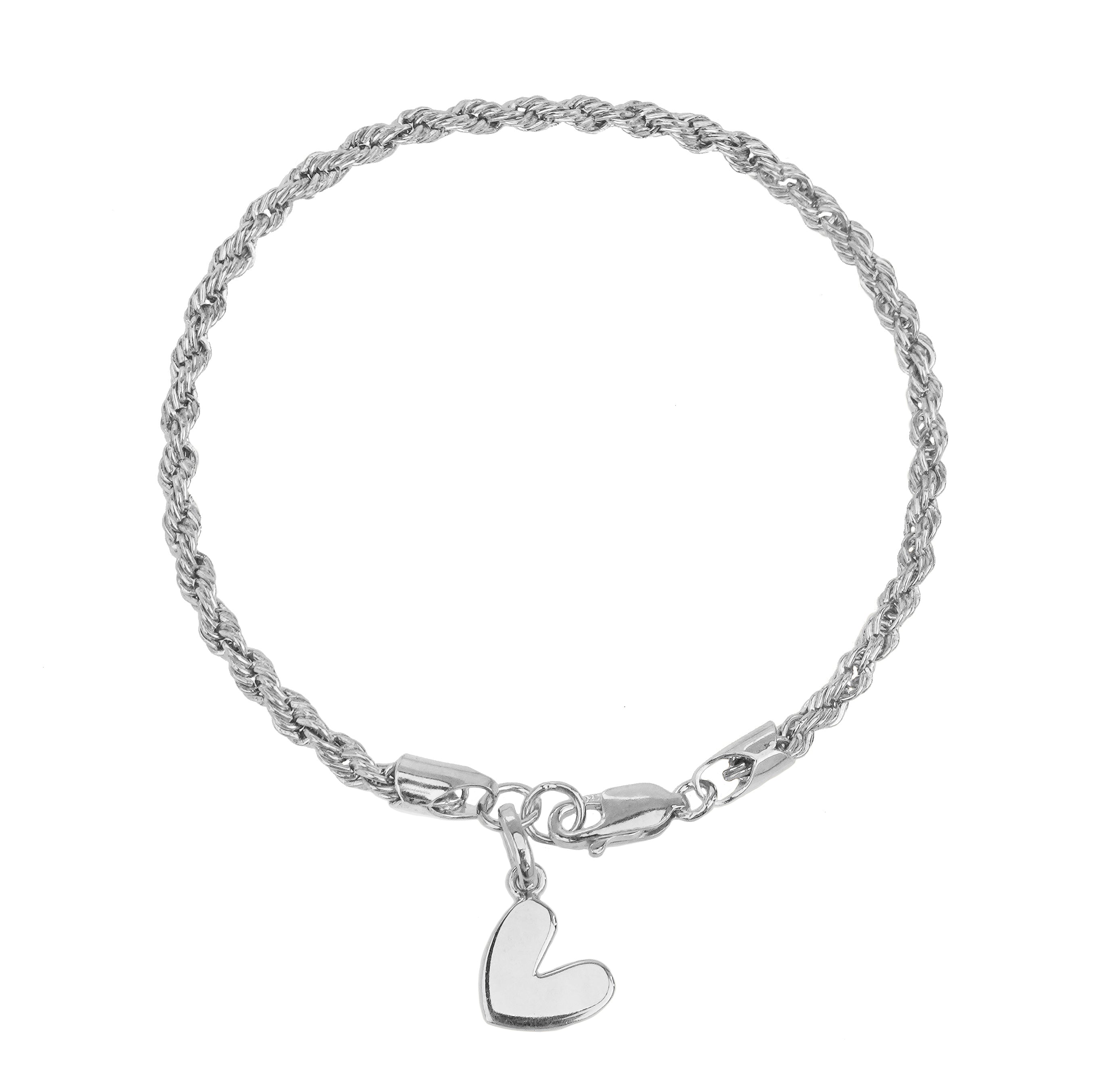 Large Rope Chain Bracelet with Heart Charm - Sterling Silver