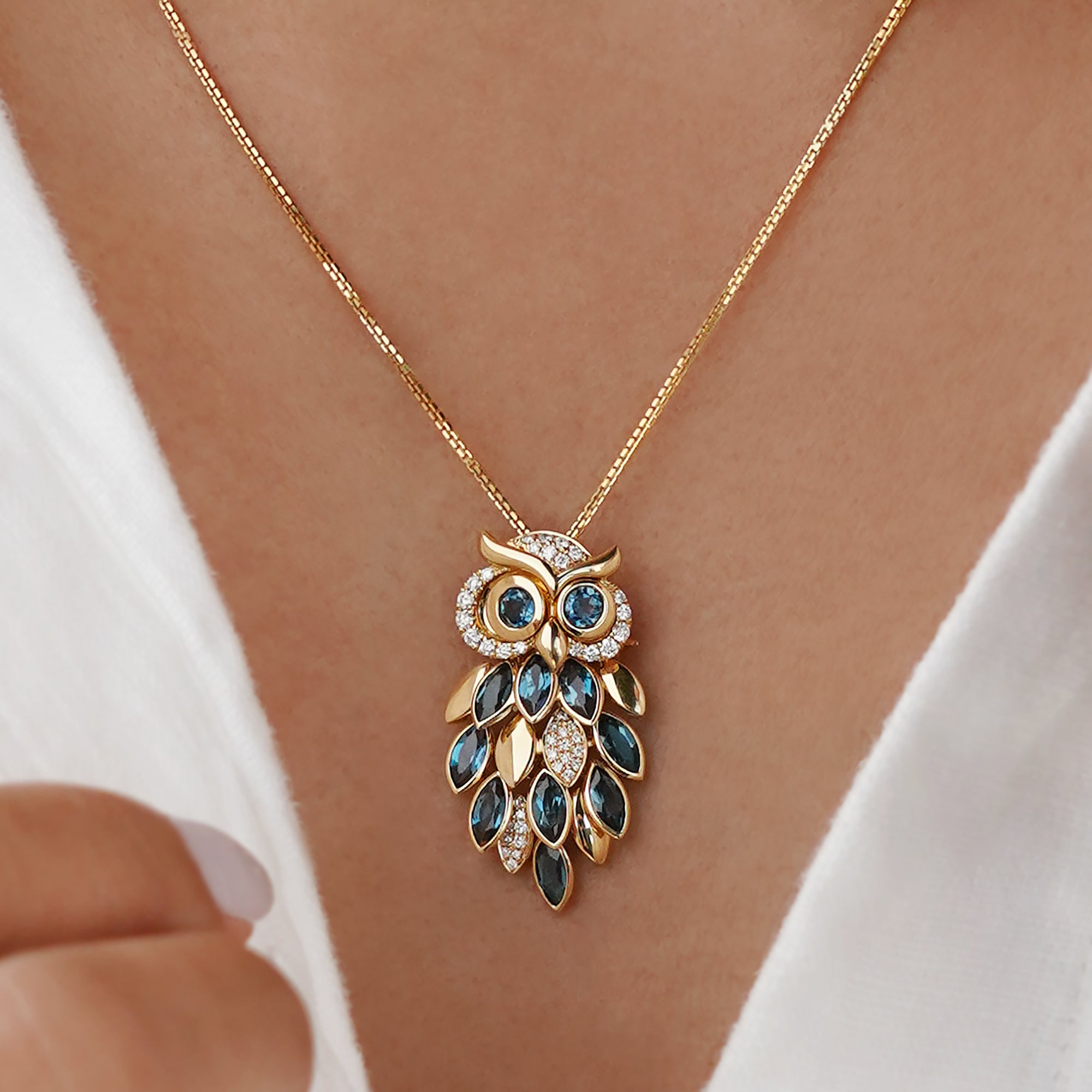 Owl London Blue Topaz With Natural Diamonds - Solid 18K Yellow Gold | BITS OF BALI JEWELRY