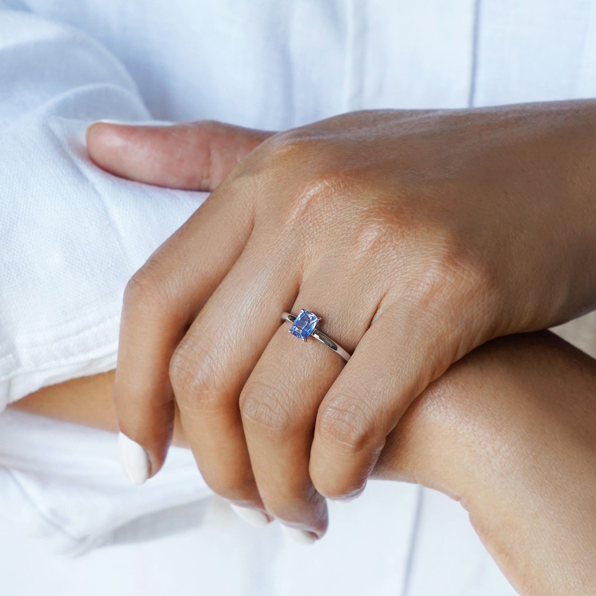 Blue Sapphire Long Cushion Cut Ring - Solid 14K White Gold | BITS OF BALI JEWELRY