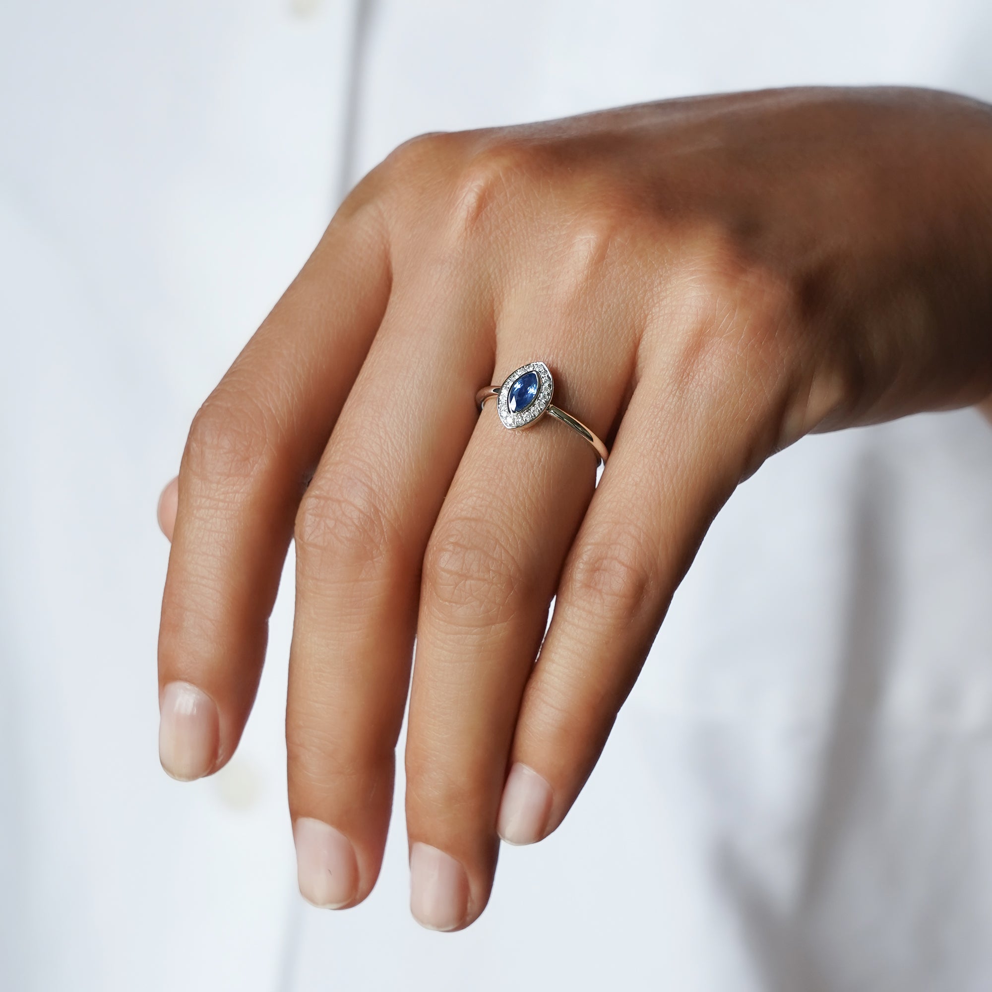 Blue Sapphire with Halo Natural Diamond Ring - Solid 14k White Gold | BITS OF BALI JEWELRY