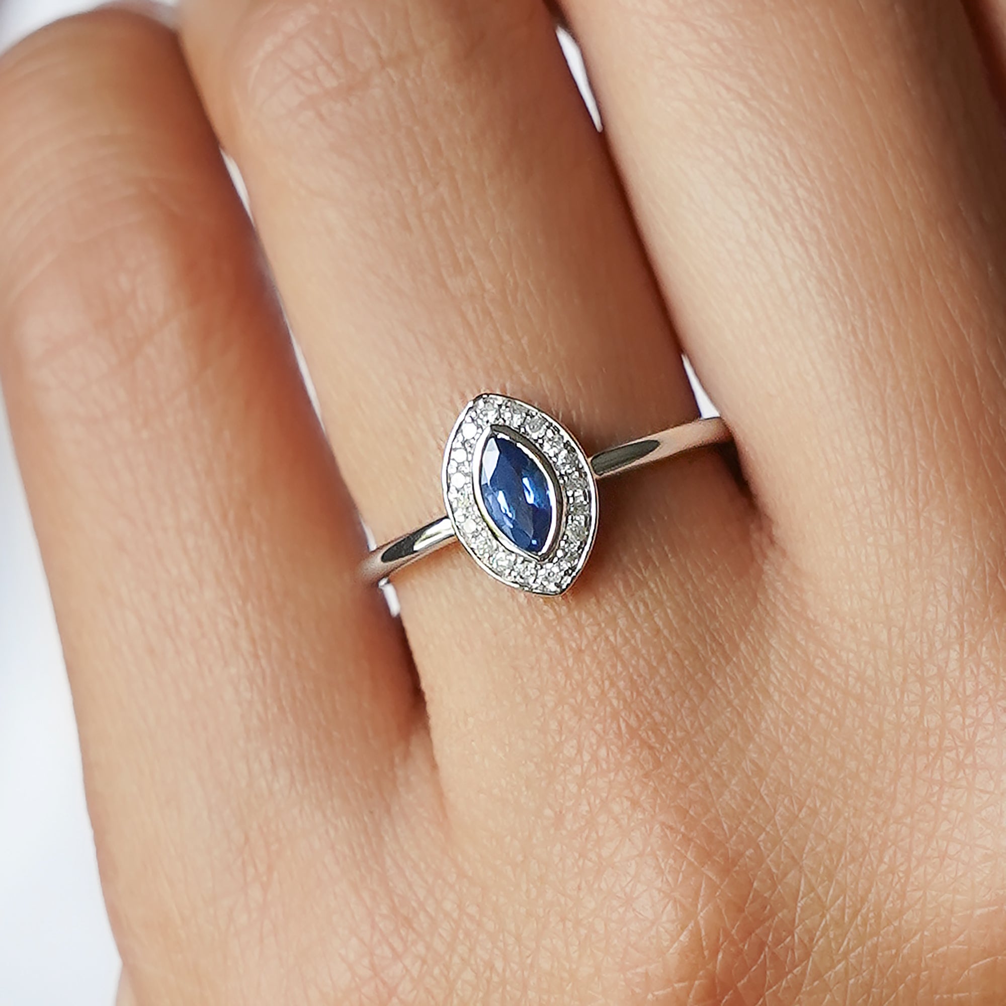 Blue Sapphire with Halo Natural Diamond Ring - Solid 14k White Gold | BITS OF BALI JEWELRY