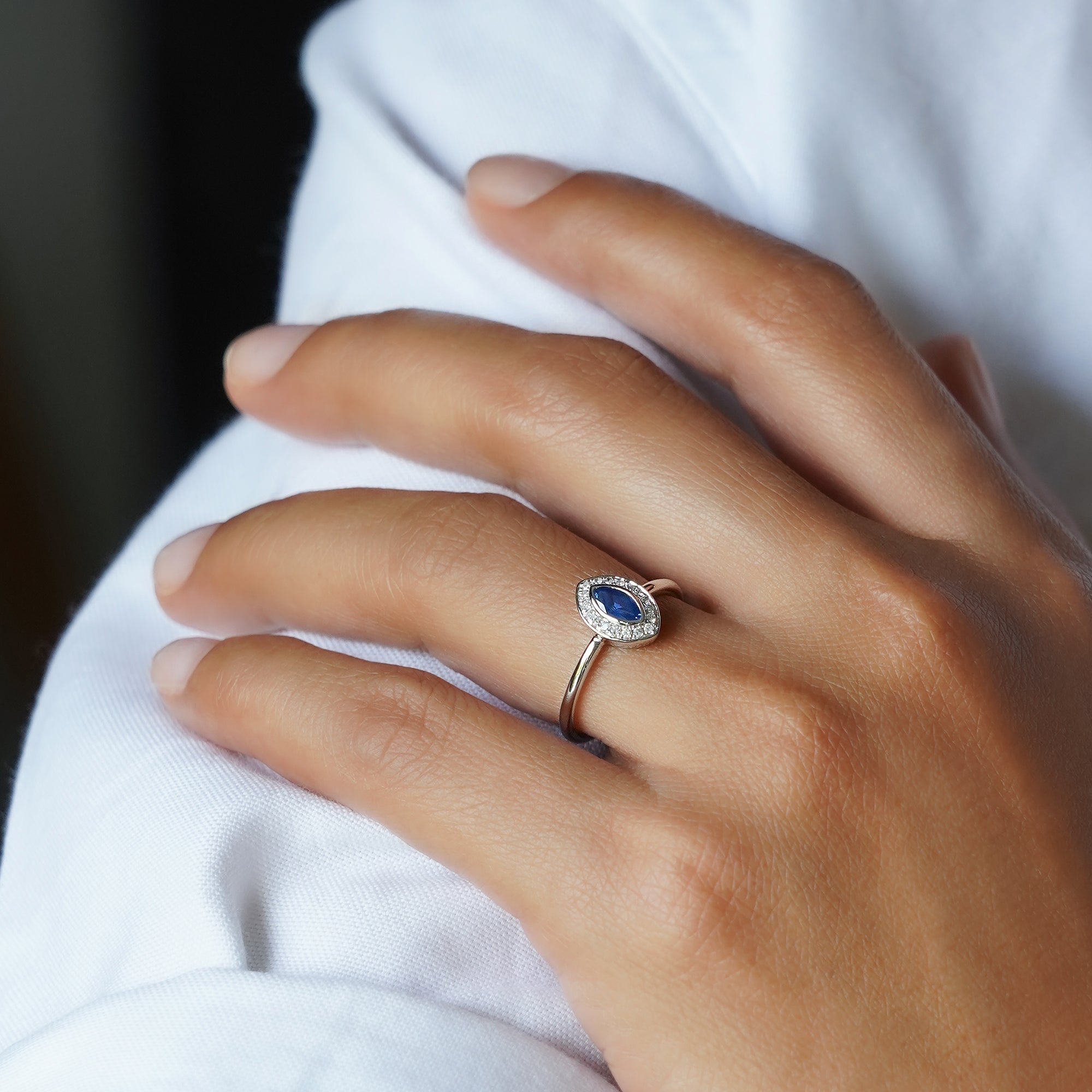 Blue Sapphire with Halo Natural Diamond Ring - Solid 14k White Gold | BITS OF BALI JEWELRY