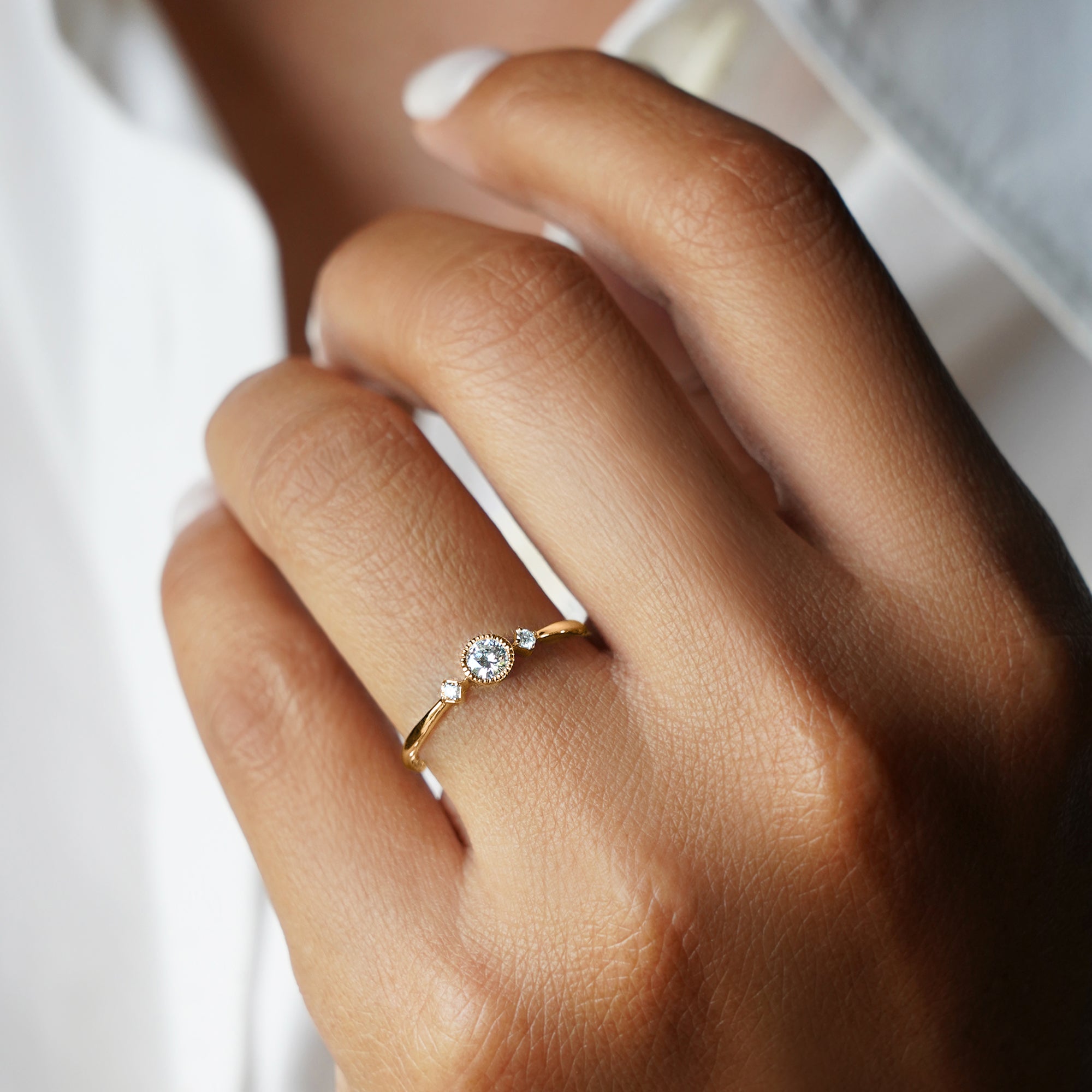 Milgrain Round Diamond With 2 Sides Smaller Diamond Ring - Solid 14k Yellow Gold