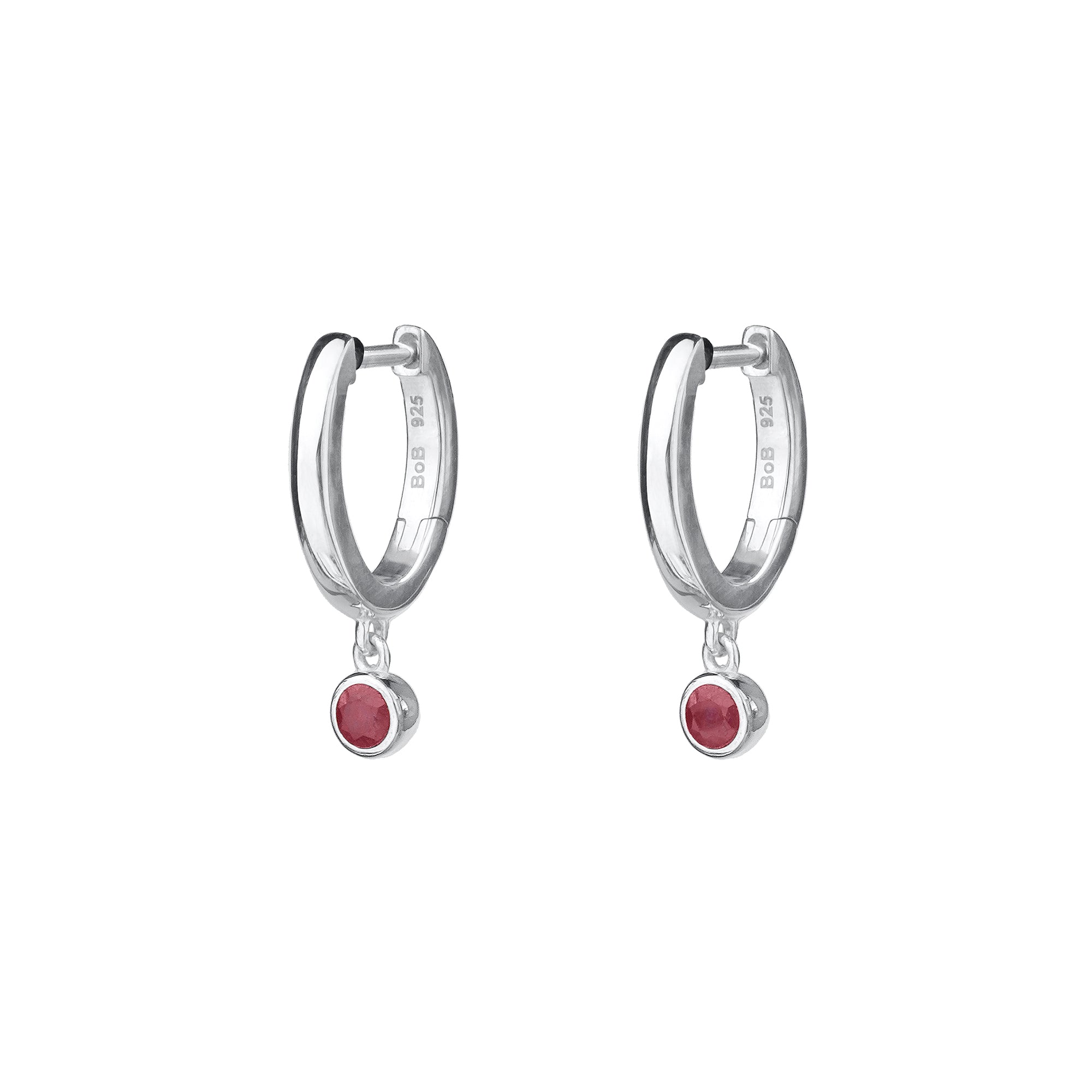 Mini Huggies Earrings With Ruby Bezel Charm - Sterling Silver