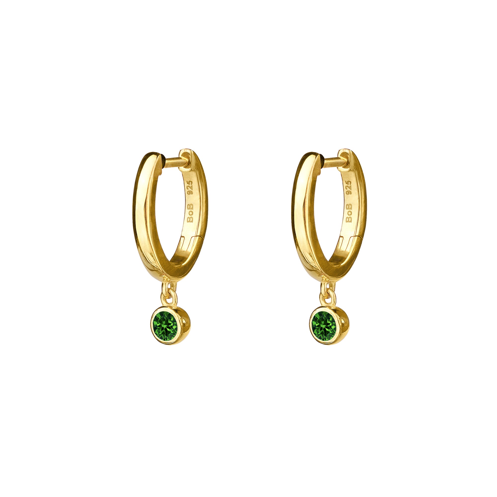 Mini Huggies Earrings With Chrome Diopside Bezel Charm - Gold Vermeil