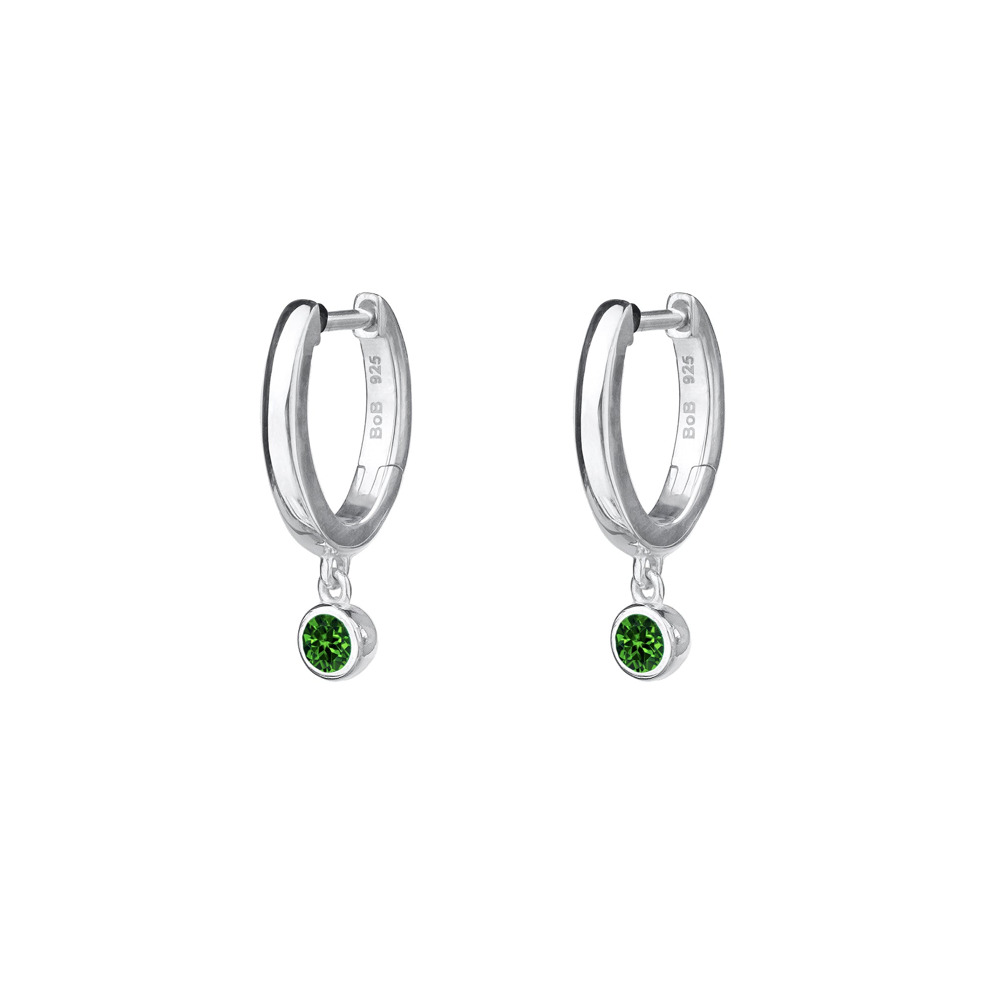 Mini Huggies Earrings With Chrome Diopside Bezel Charm - Sterling Silver