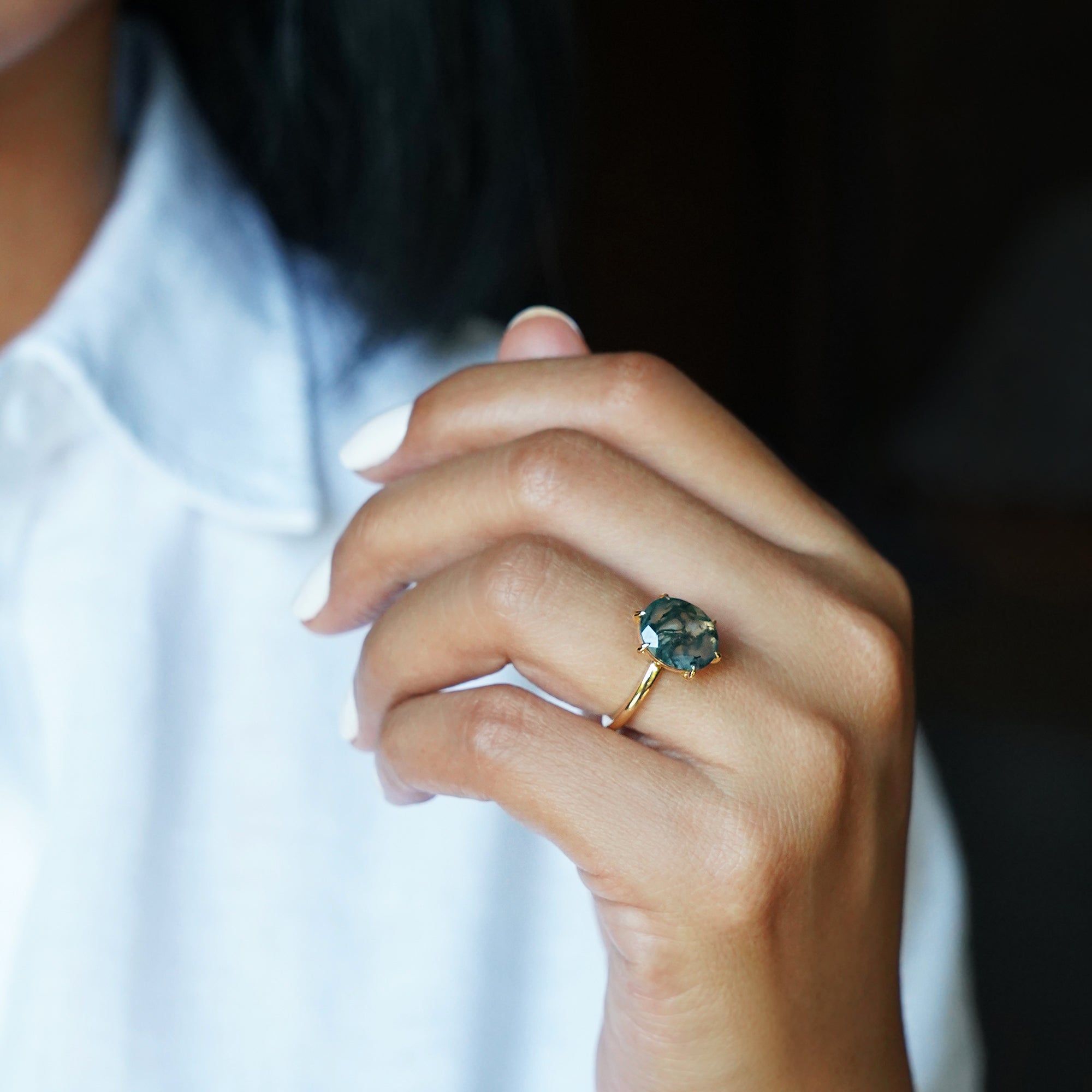 Oval Moss Agate Ring - Solid 18K Yellow Gold | BITS OF BALI JEWELRY