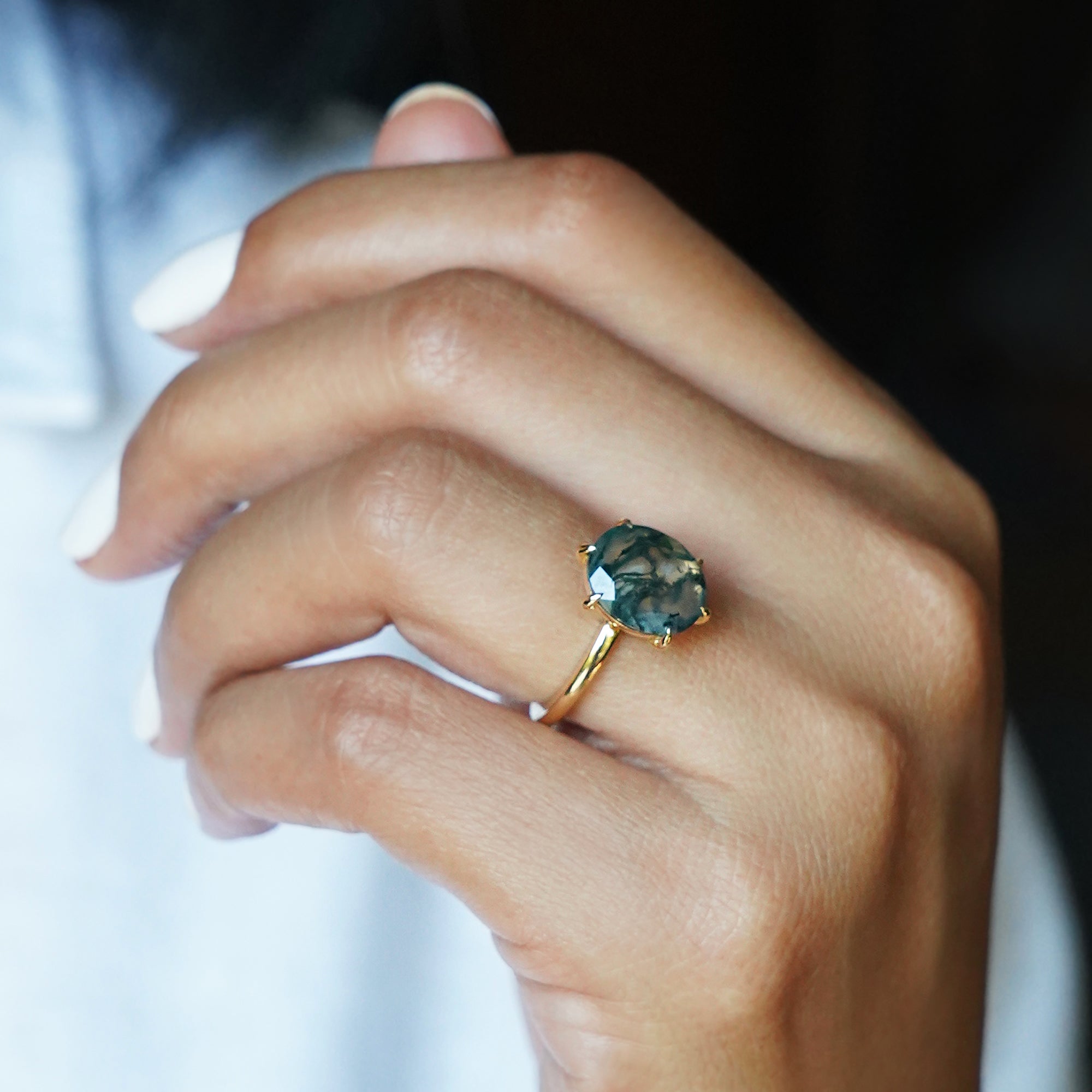 Oval Moss Agate Ring - Solid 18K Yellow Gold | BITS OF BALI JEWELRY