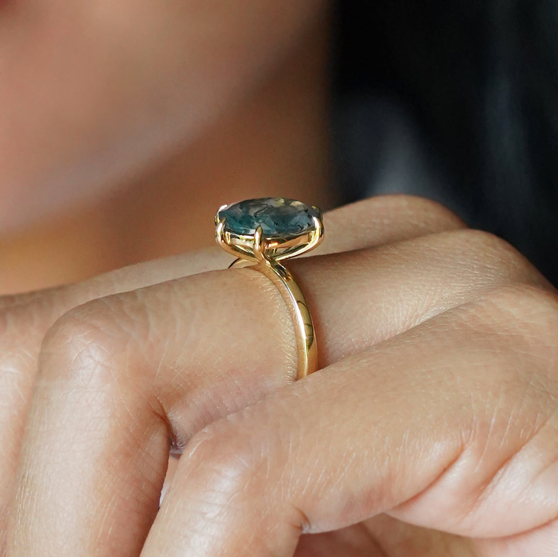 Oval Moss Agate Ring - Solid 18K Yellow Gold | BITS OF BALI JEWELRY