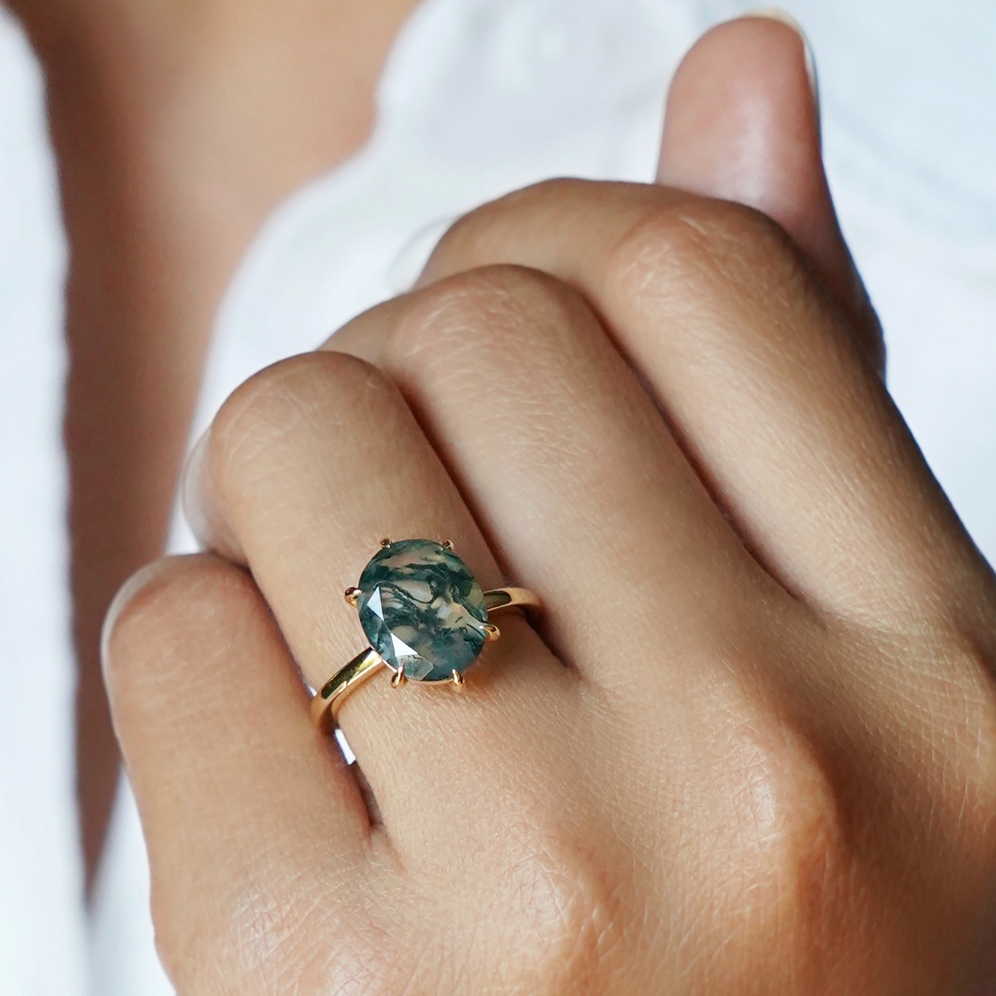 Oval Moss Agate Ring - Solid 18K Yellow Gold | BITS OF BALI JEWELRY