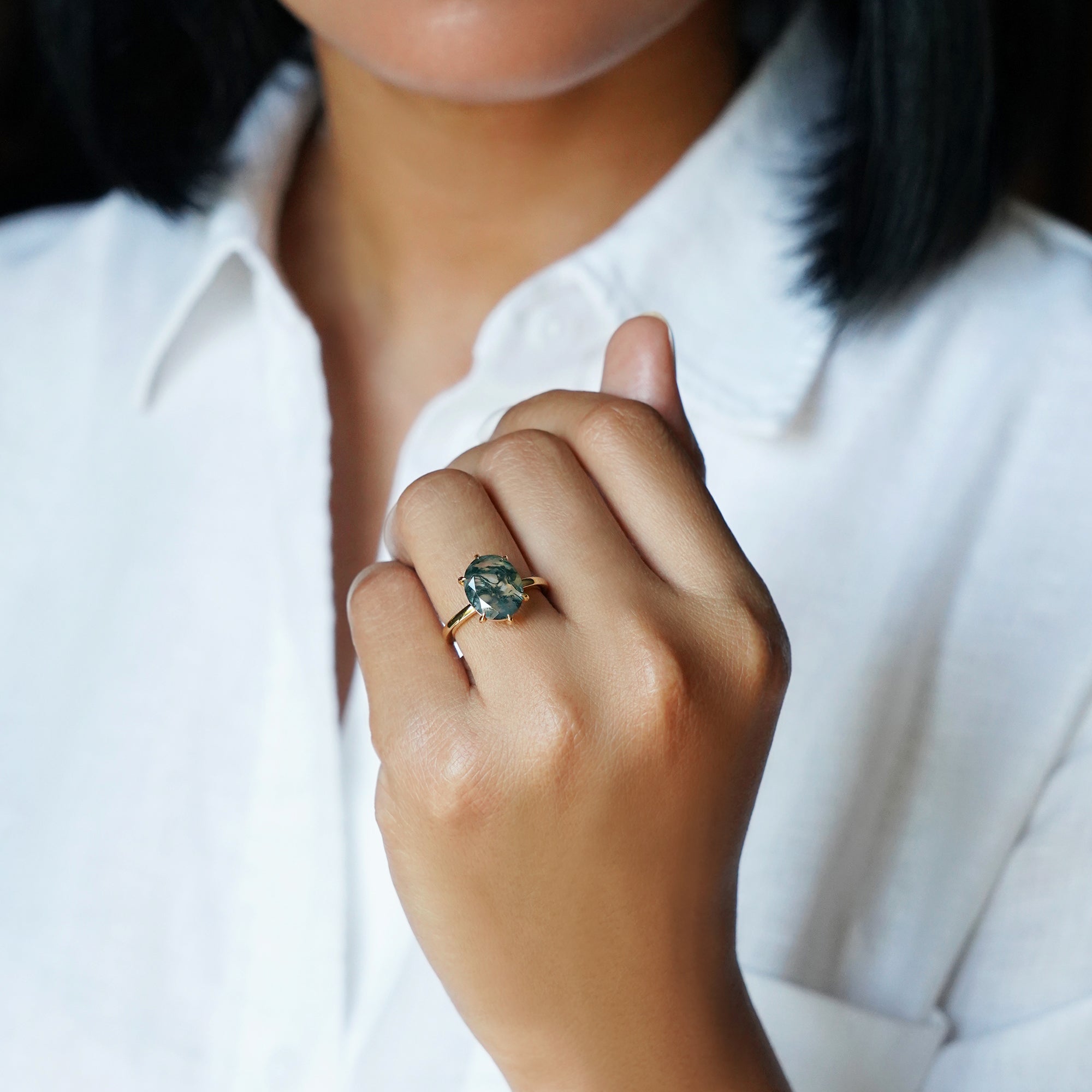 Oval Moss Agate Ring - Solid 18K Yellow Gold | BITS OF BALI JEWELRY