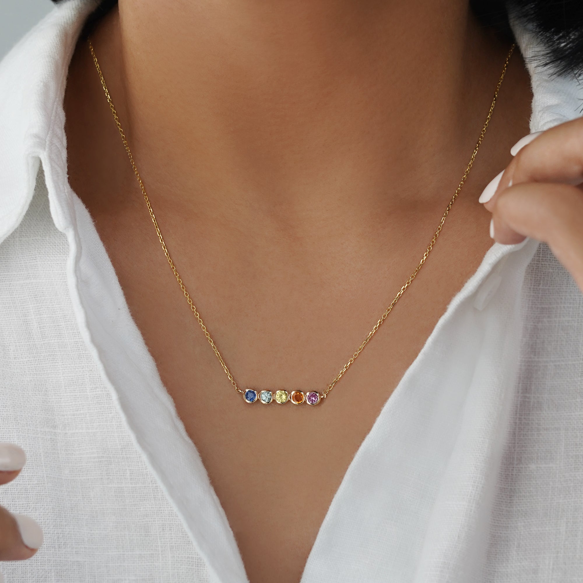 Multi-Colored Sapphires Necklace - Solid 14K Yellow Gold