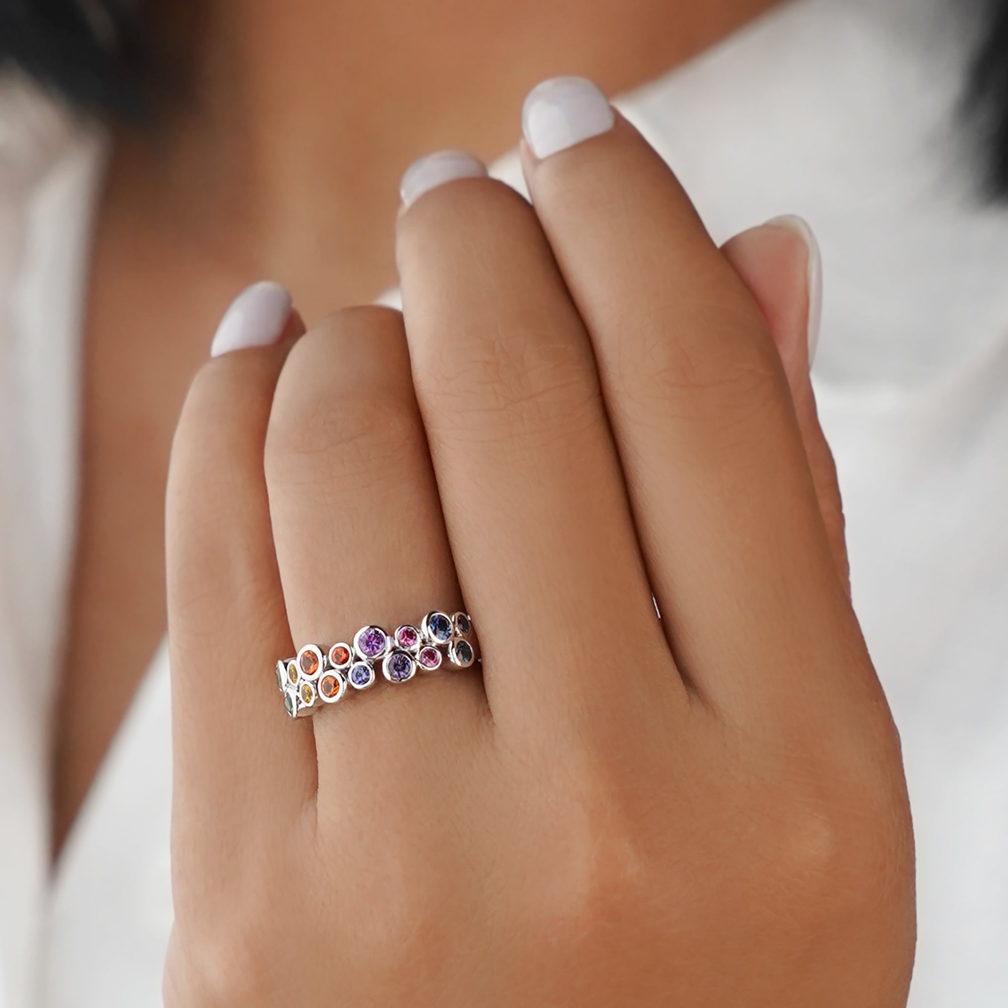 MULTI COLORED SAPPHIRE HALF ETERNITY RING - SOLID 18K WHITE GOLD | BITS OF BALI JEWELRY