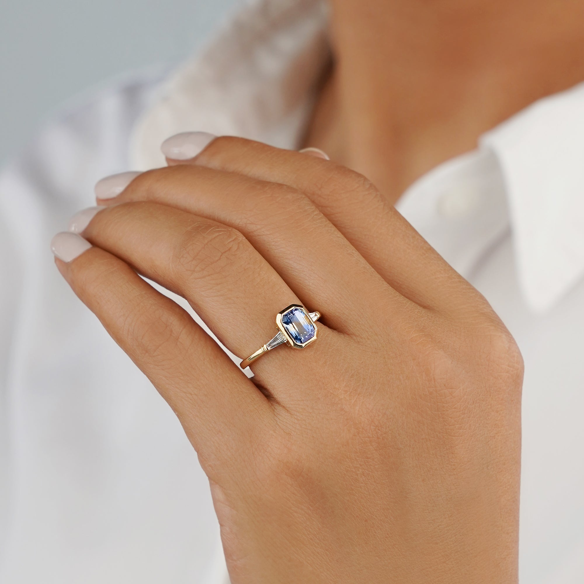 1.97 Carat Emerald-shaped Unheated Parti Sapphire Ring with Tapered Baguette Natural Diamonds Side Stones  - 14K Yellow Gold