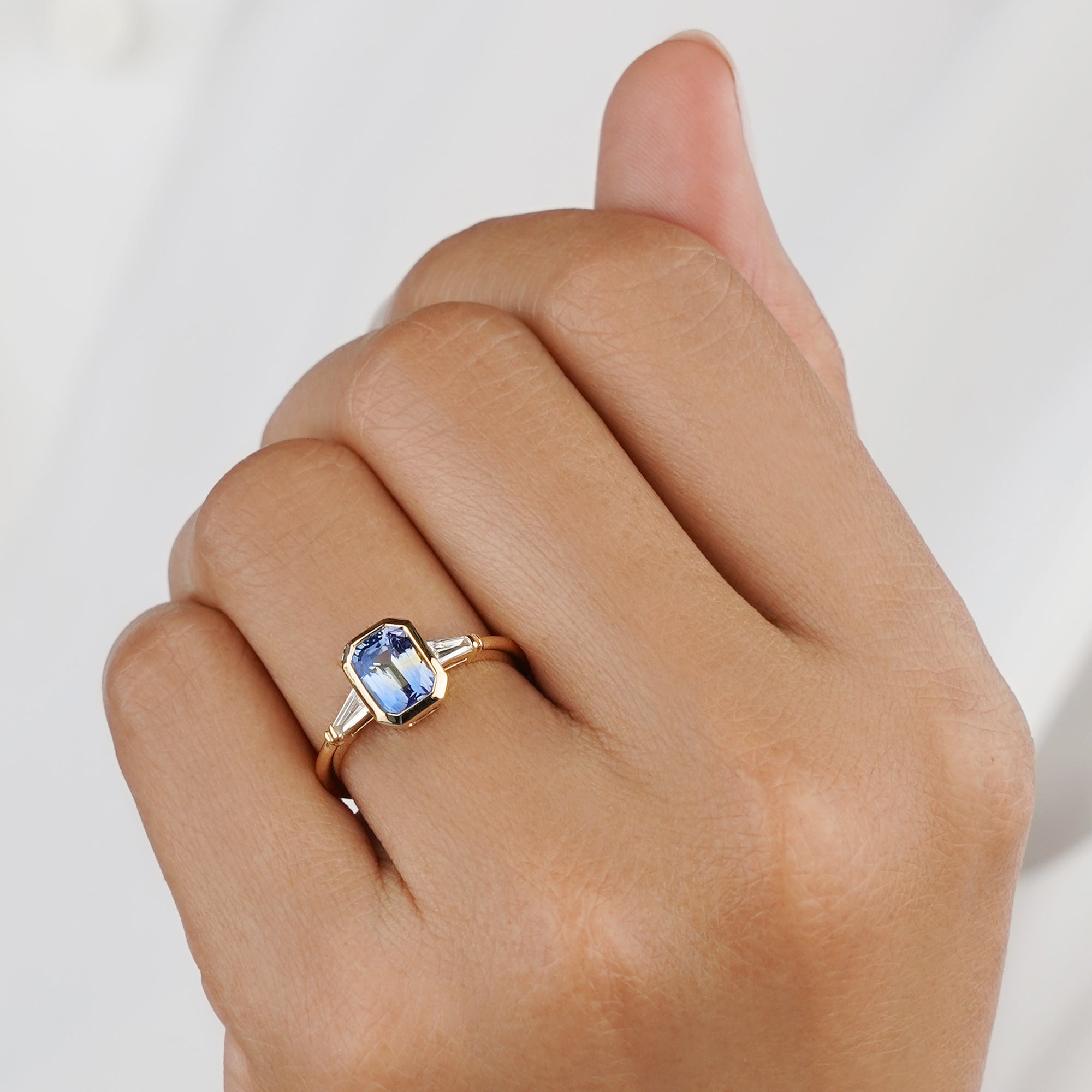 1.97 Carat Emerald-shaped Unheated Parti Sapphire Ring with Tapered Baguette Natural Diamonds Side Stones  - 14K Yellow Gold
