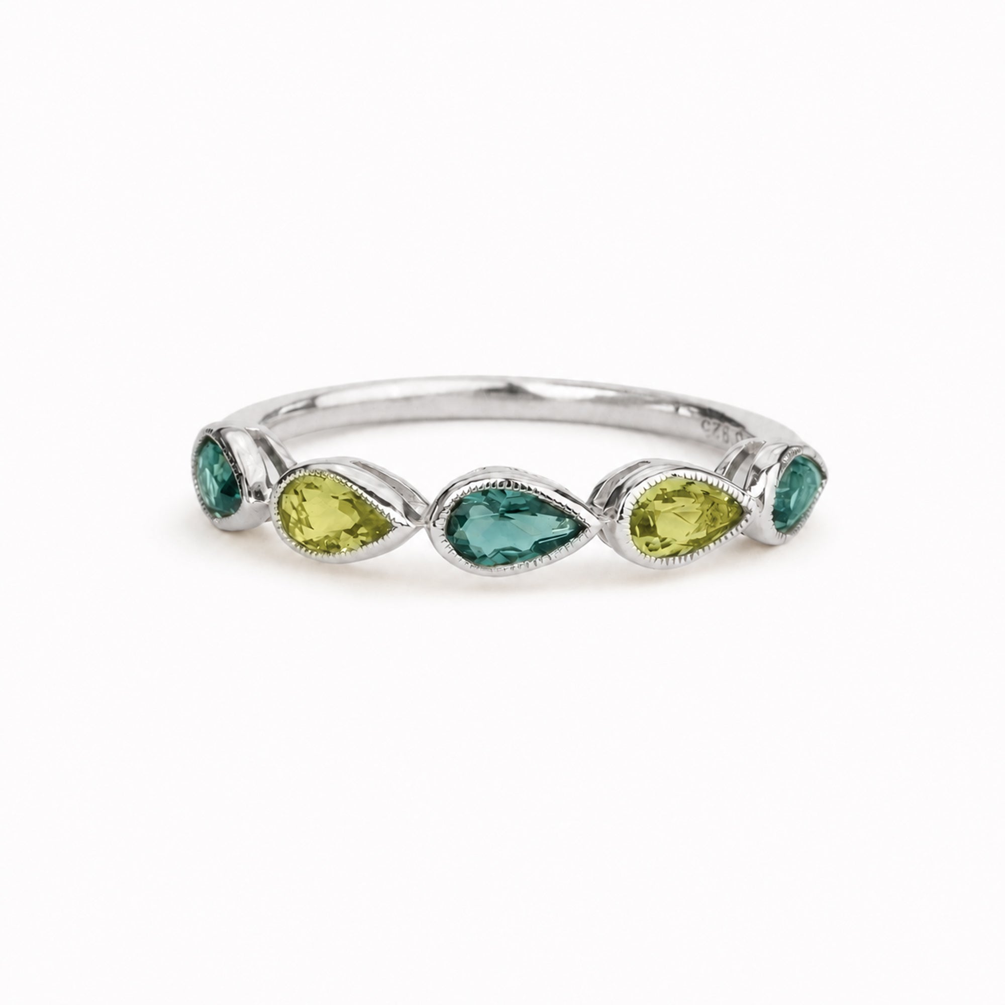 Pear-Shaped Peridot & Green Quartz Half Eternity Ring - Sterling Silver