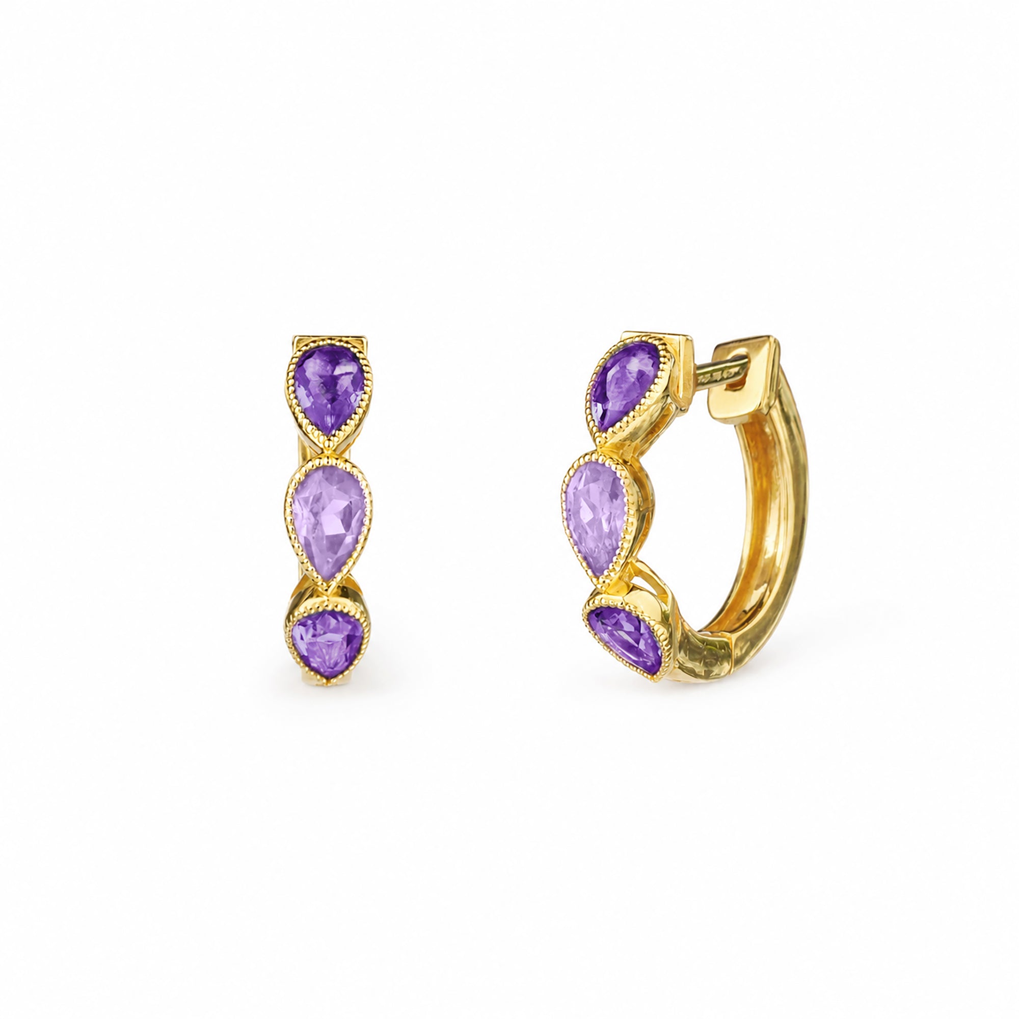 Three Pear Huggies Earring - Light & Dark Amethysts - Gold Vermeil