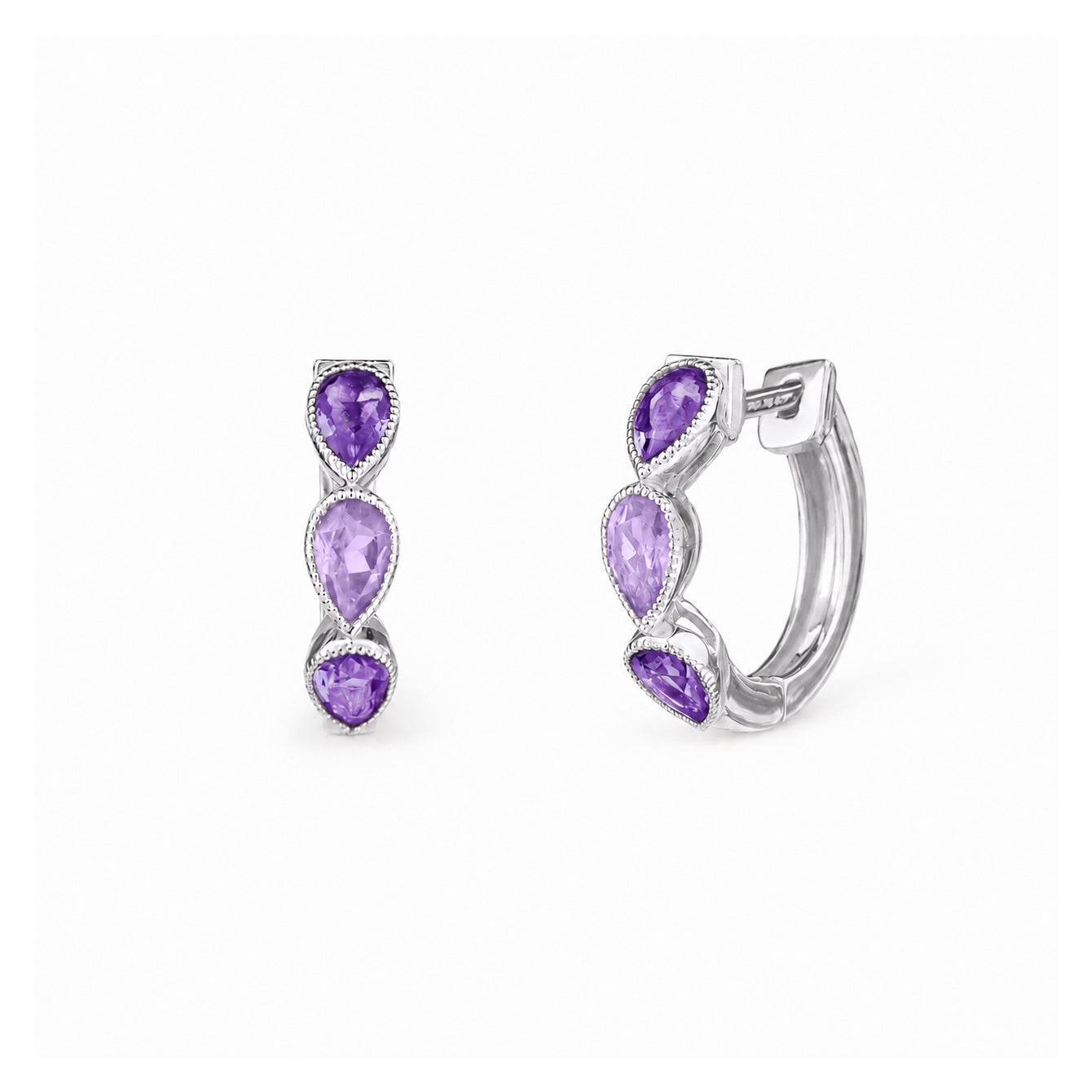 Three Pear Huggies Earring - Light & Dark Amethysts - Sterling Silver