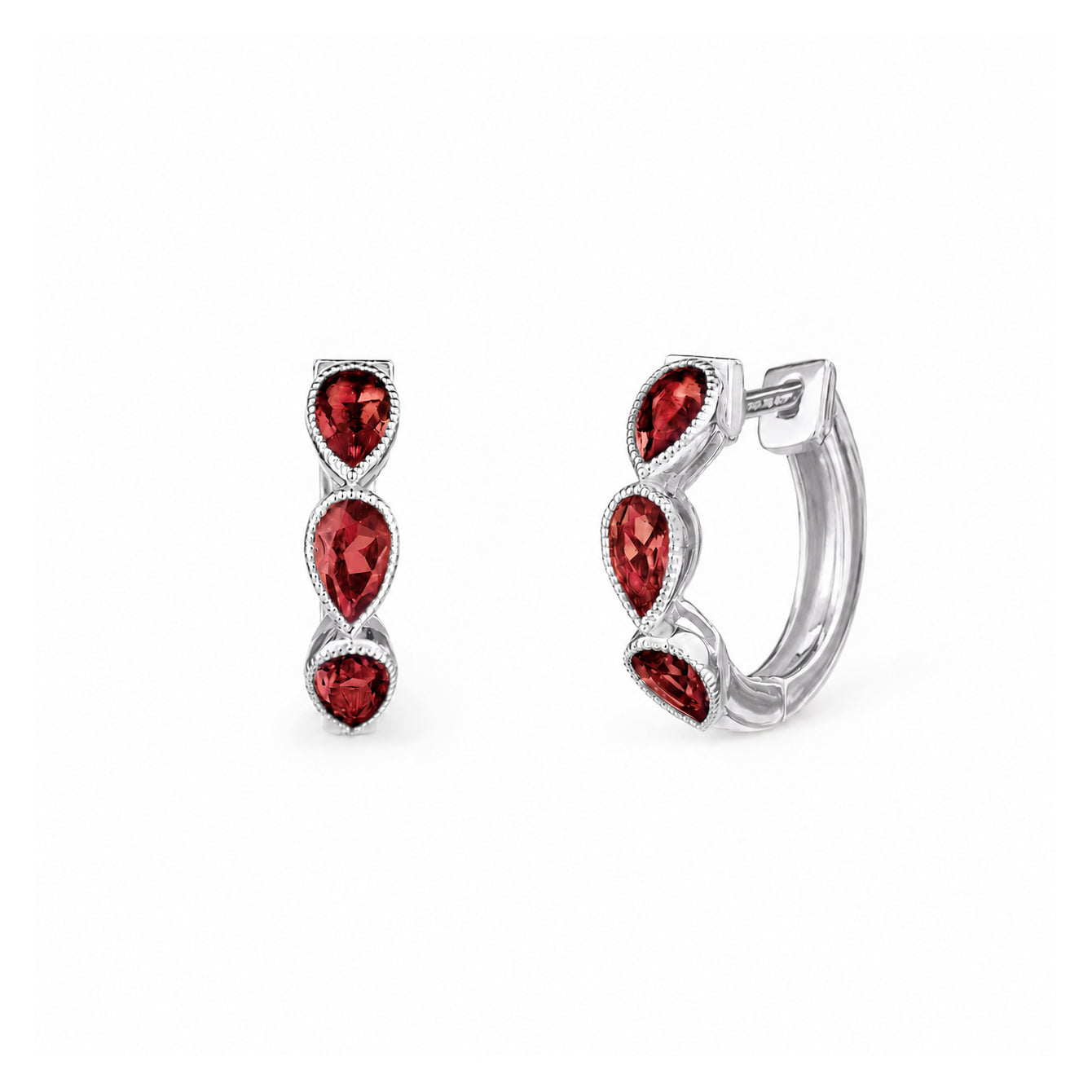 Three Pear Huggies Earring - Garnet - Sterling Silver