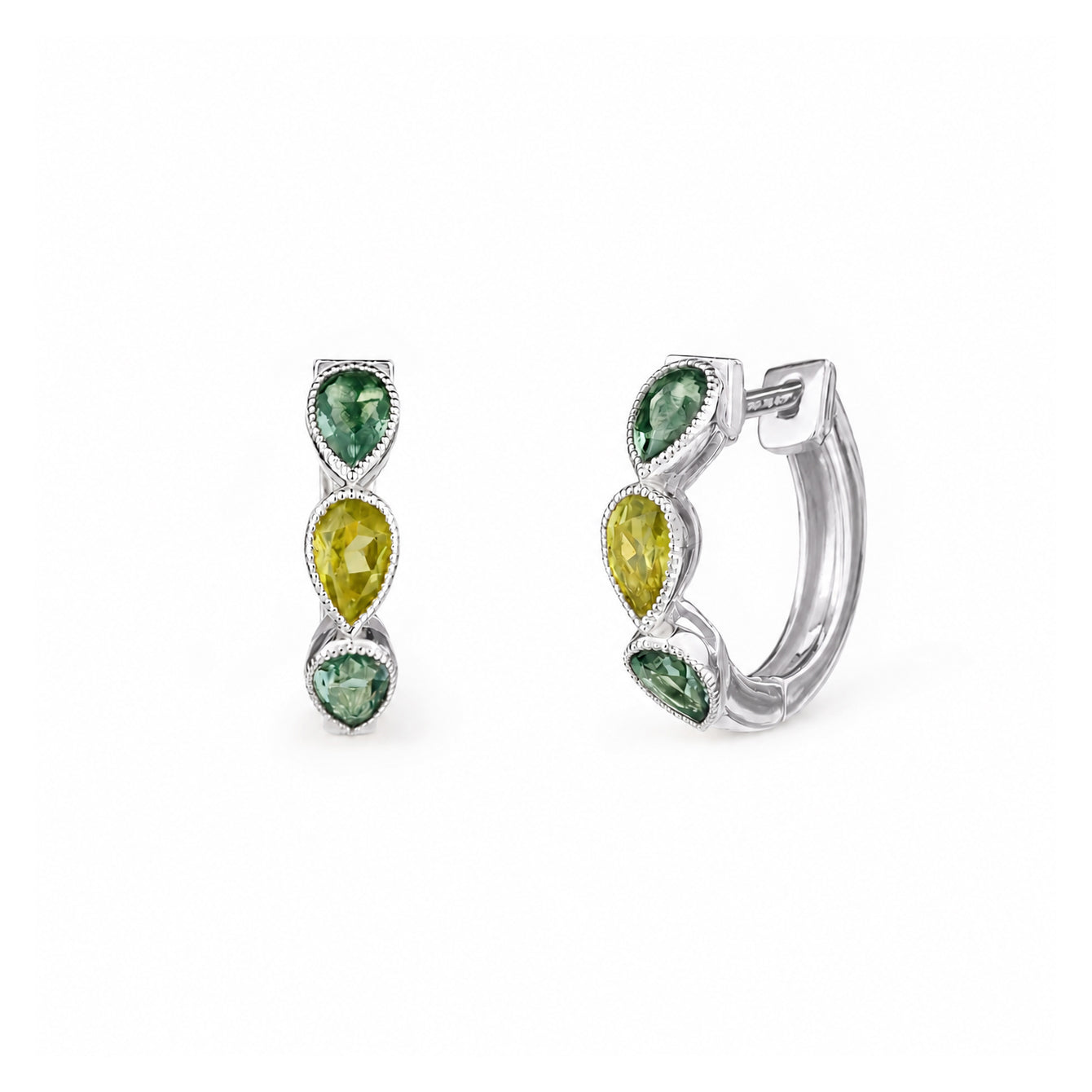 Three Pear Huggies Earring - Green Quartz & Peridot - Sterling Silver