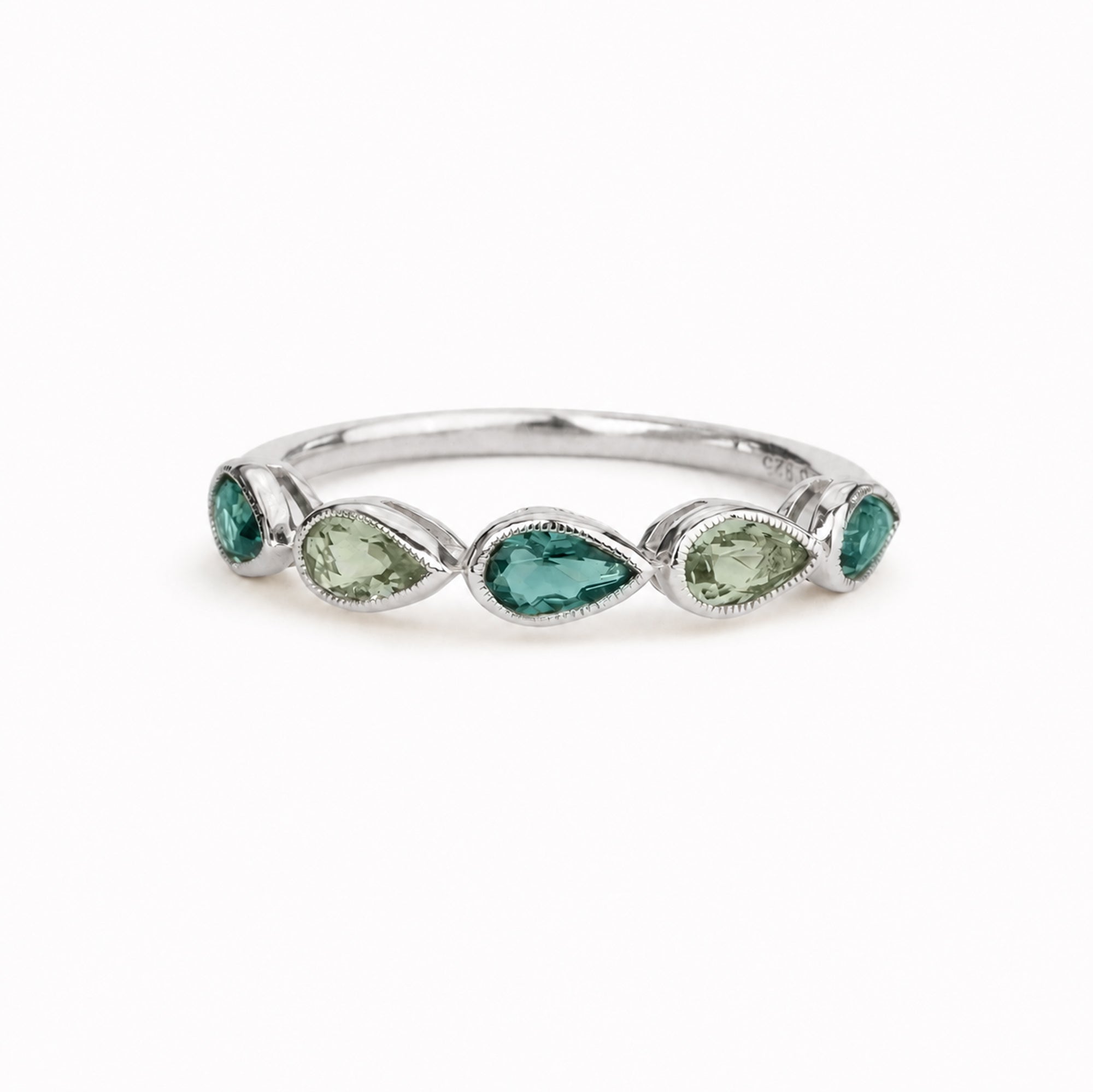 Pear-Shaped Green Quartz Half Eternity Ring - Sterling Silver