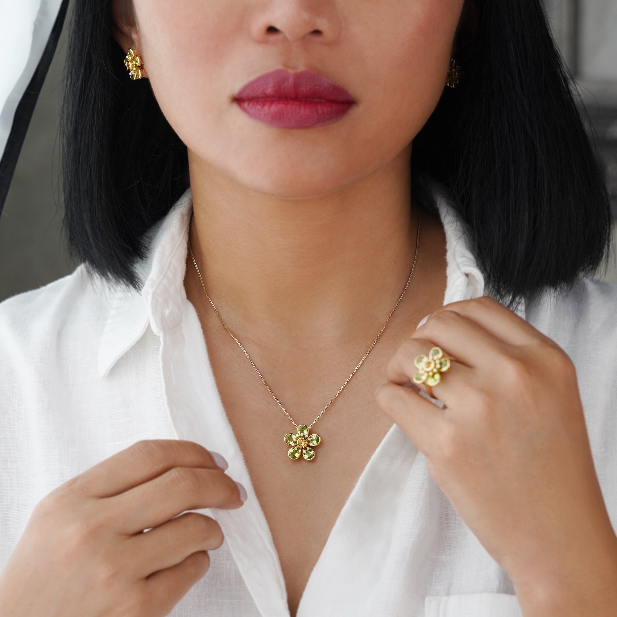 Peridot, Citrine & Diamond Flower Necklace - 18K Solid Yellow Gold | BITS OF BALI JEWELRY