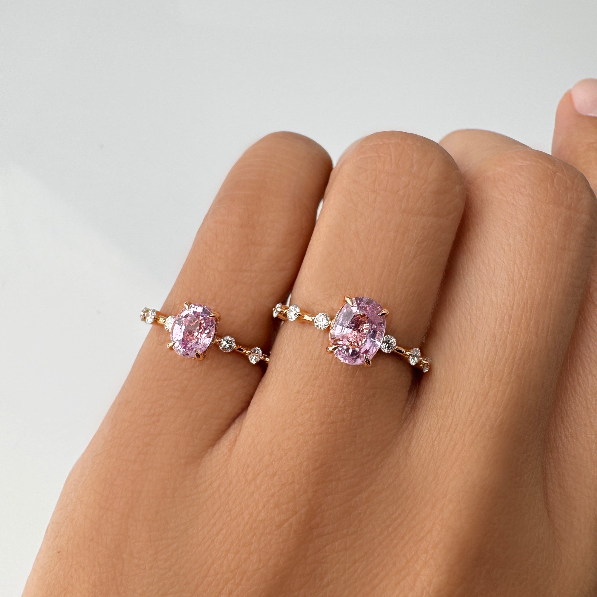 Pink Sapphire Distance Diamond Ring - Solid 18k Rose Gold