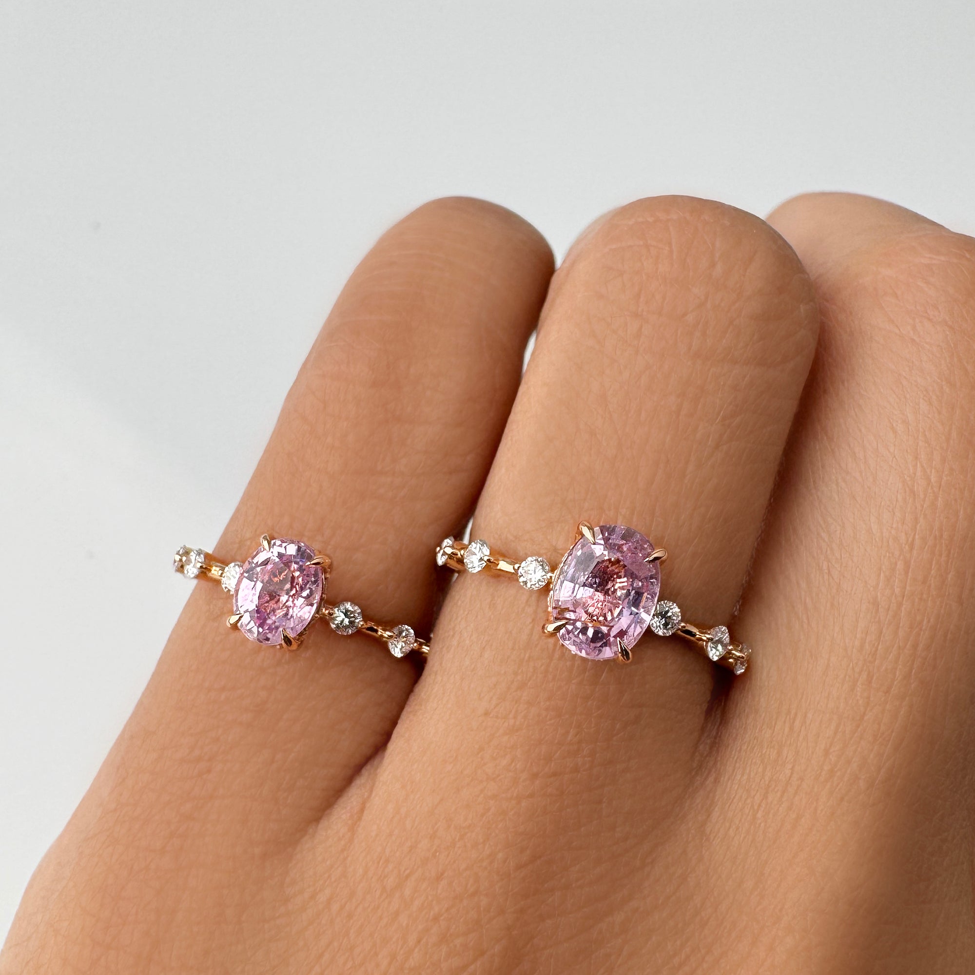 Pink Sapphire Distance Diamond Ring - Solid 18k Rose Gold