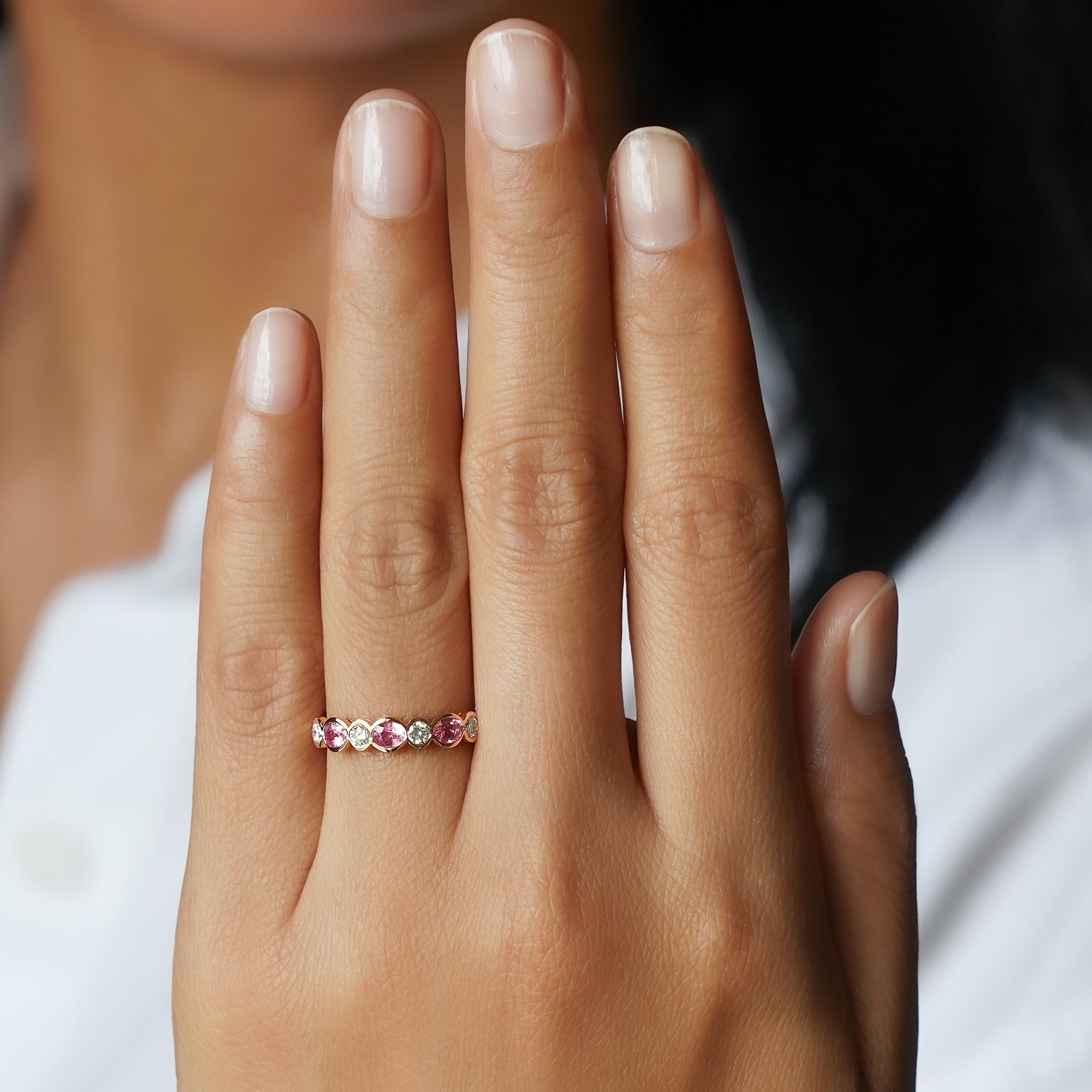 Half Eternity Pink Sapphire & Diamond Ring - Solid 18K Rose Gold | BITS OF BALI JEWELRY