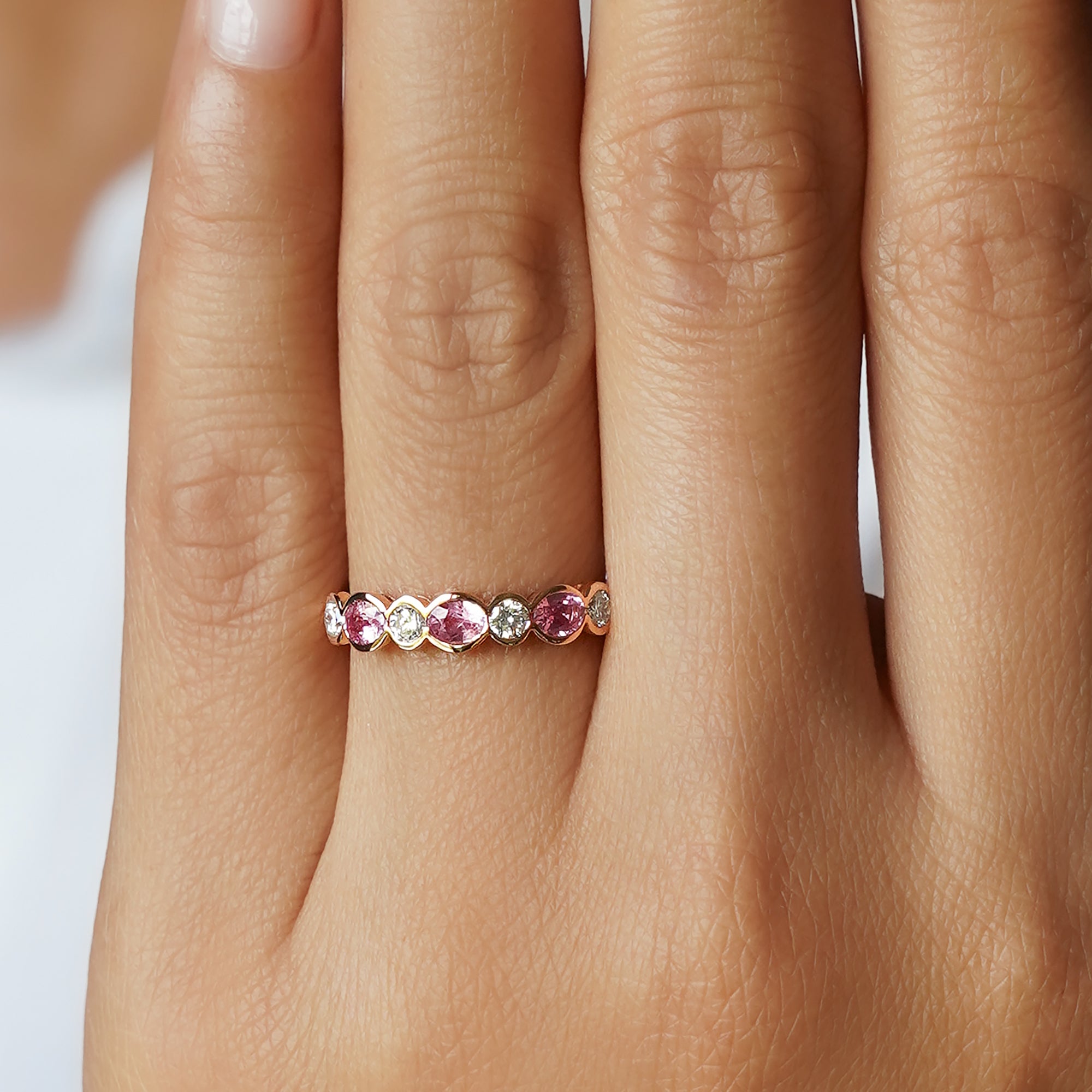 Half Eternity Pink Sapphire & Diamond Ring - Solid 18K Rose Gold | BITS OF BALI JEWELRY