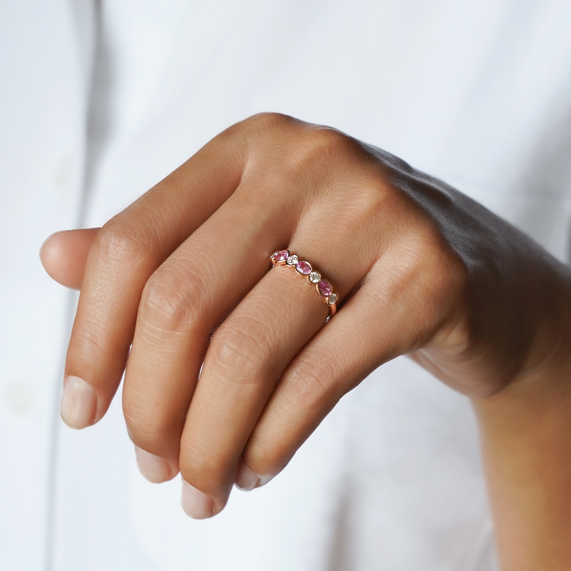 Half Eternity Pink Sapphire & Diamond Ring - Solid 18K Rose Gold | BITS OF BALI JEWELRY