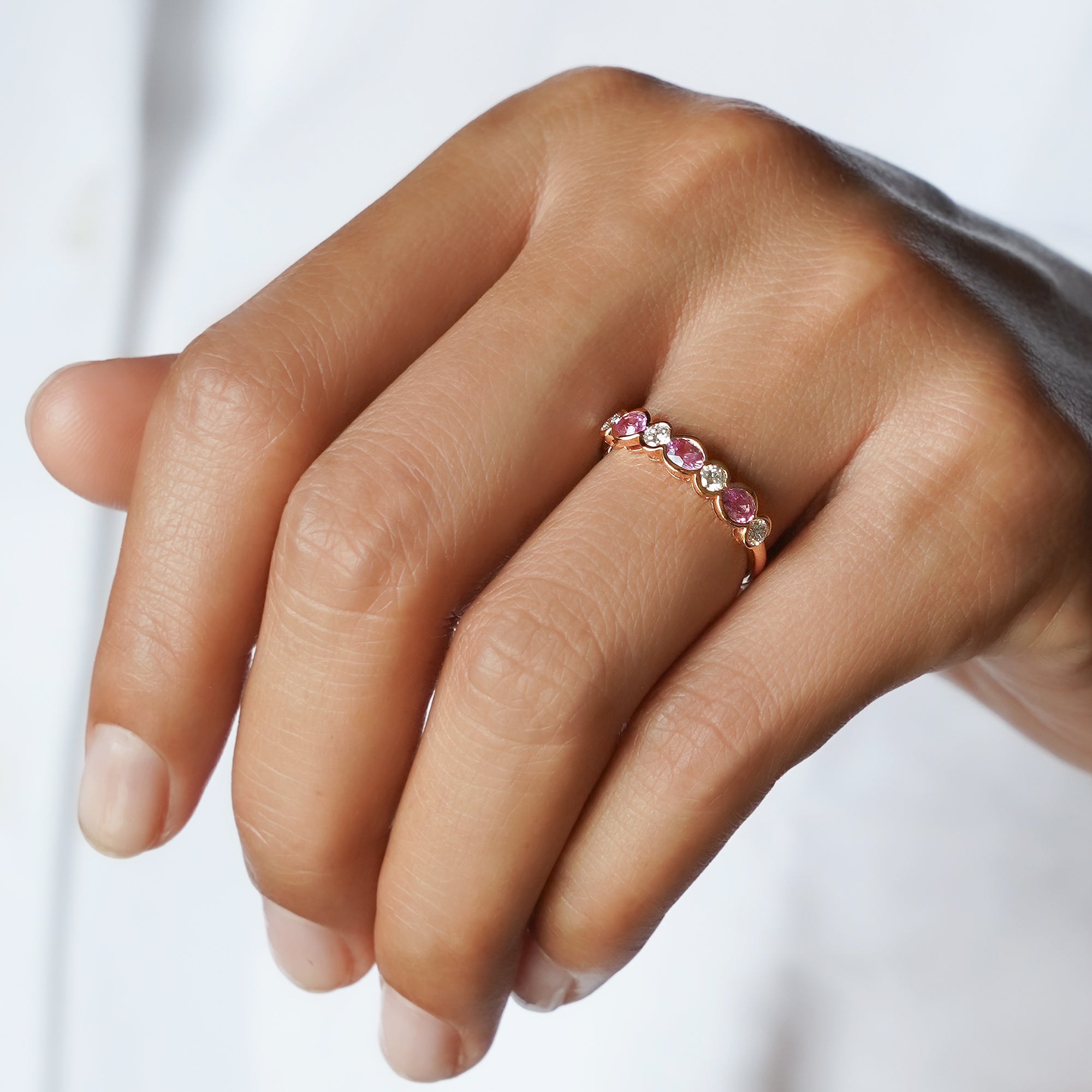 Half Eternity Pink Sapphire & Diamond Ring - Solid 18K Rose Gold | BITS OF BALI JEWELRY