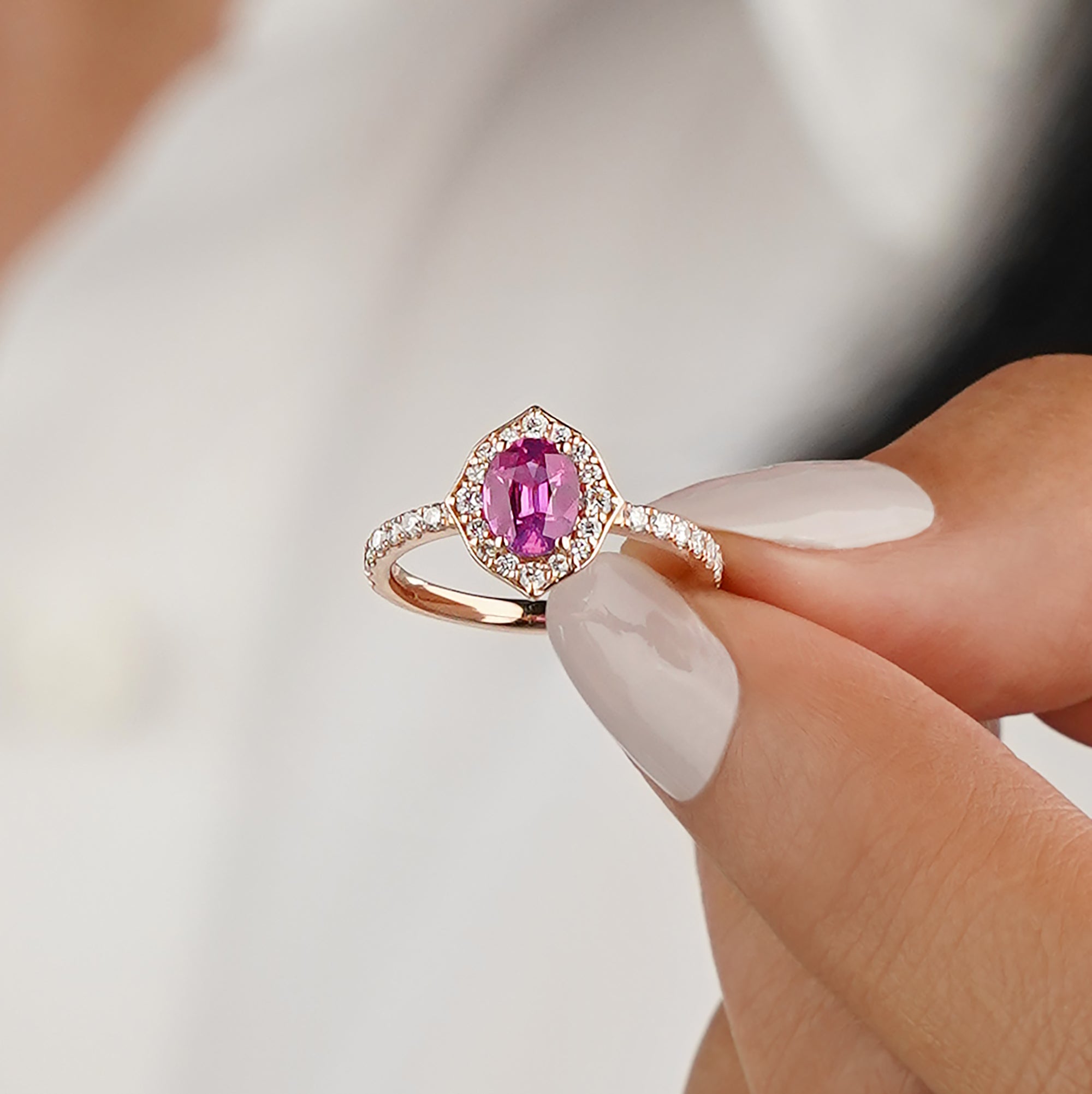 0.85 Carat Pink Sapphire with Halo and 2/3 Pave Shank Lab-Grown Diamond Ring - 18K Rose Gold