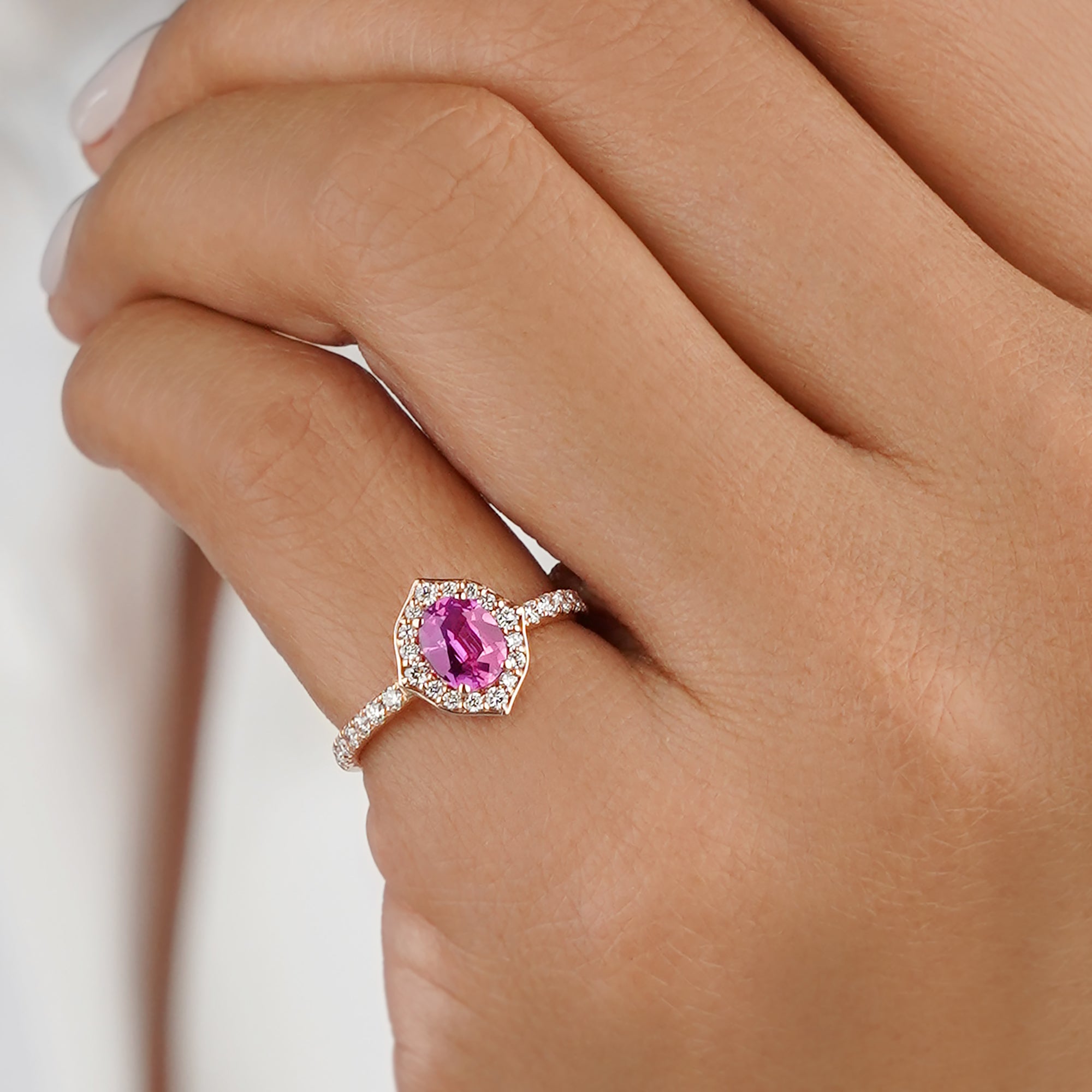 0.85 Carat Pink Sapphire with Halo and 2/3 Pave Shank Lab-Grown Diamond Ring - 18K Rose Gold