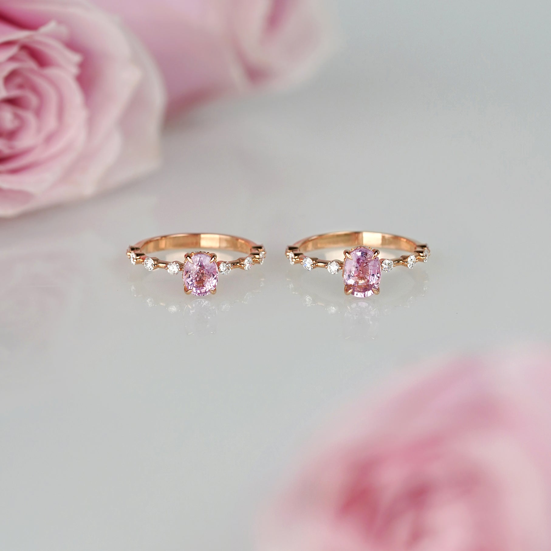 Pink Sapphire Distance Diamond Ring - Solid 18k Rose Gold