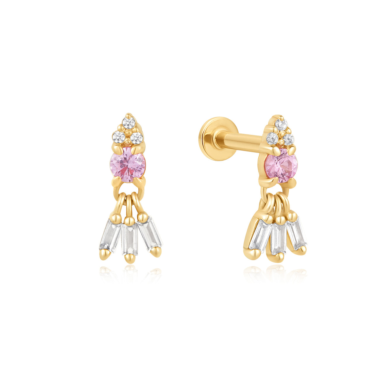 Pink & White Sapphire Dangling Flat Back Stud Earrings - Solid 14K Yellow Gold | BITS OF BALI JEWELRY