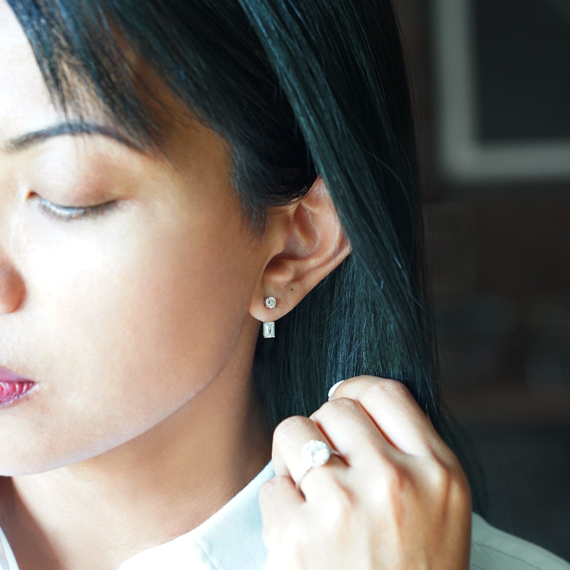 2 Carat Round & Emerald Cut Lab-grown Diamond Ear Jacket - Solid 14K White Gold.