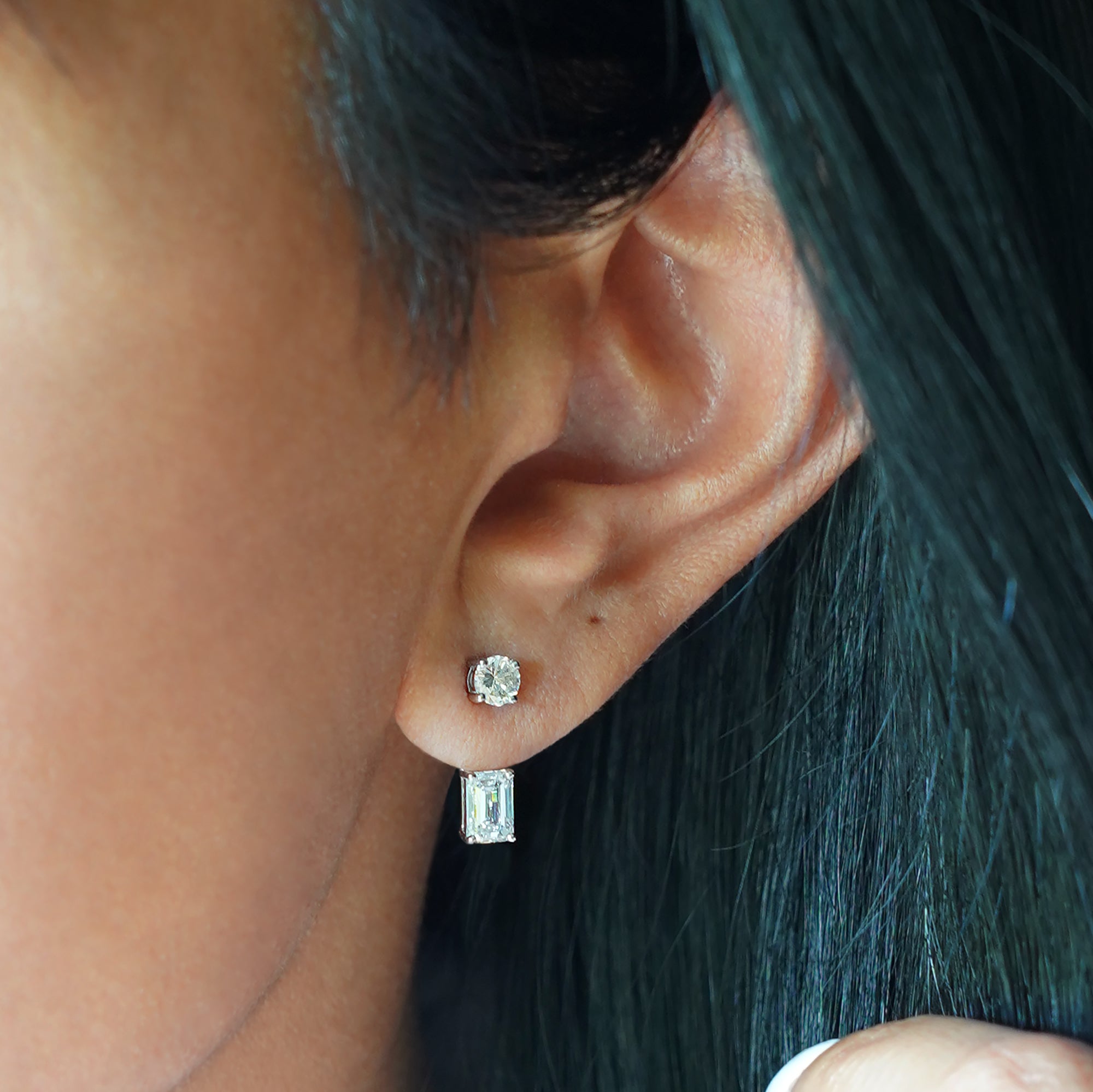 2 Carat Round & Emerald Cut Lab-grown Diamond Ear Jacket - Solid 14K White Gold.