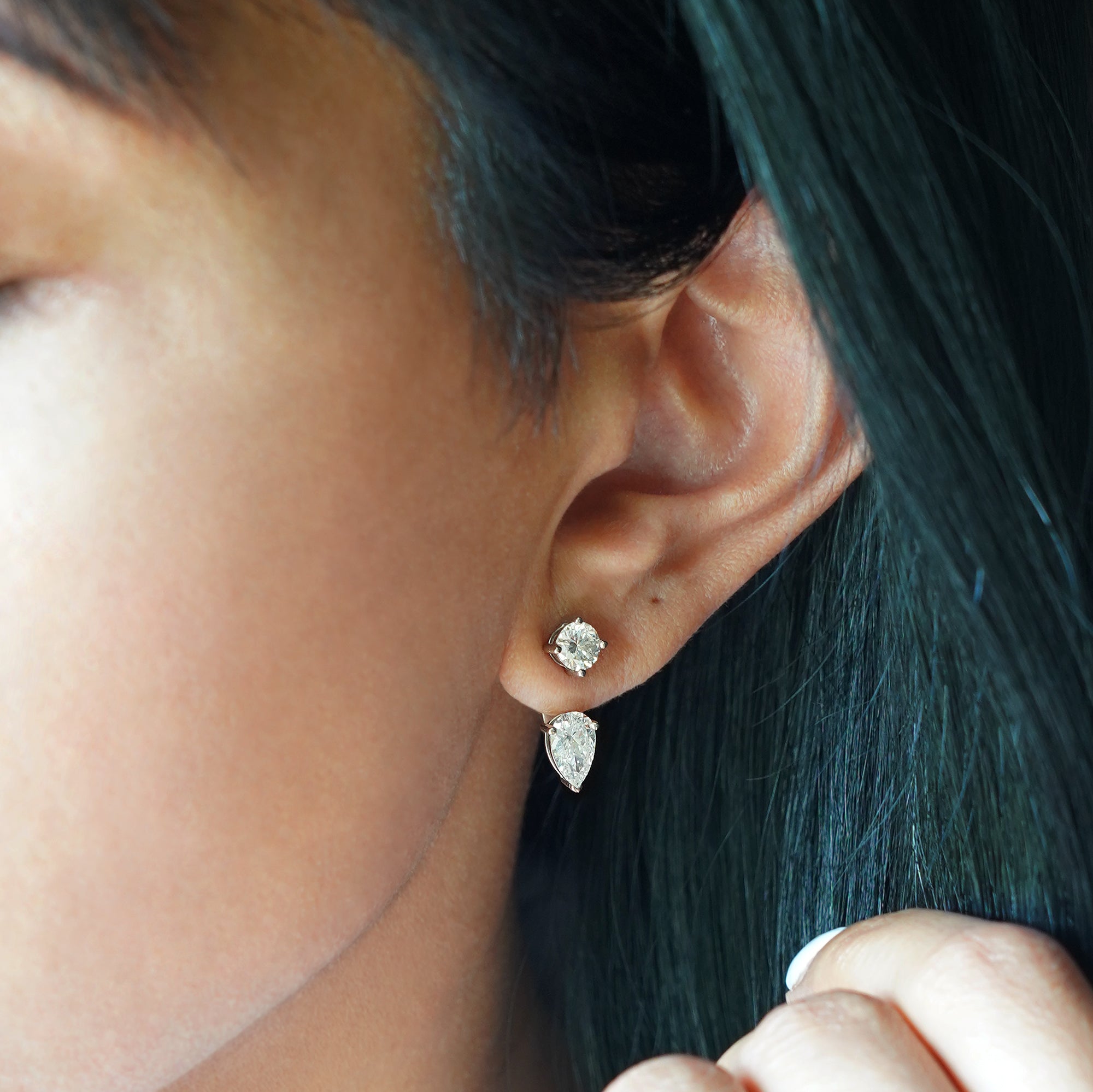2.52 Carat Round & Pear shape Lab-grown Diamond Ear Jacket - 14K Solid White Gold