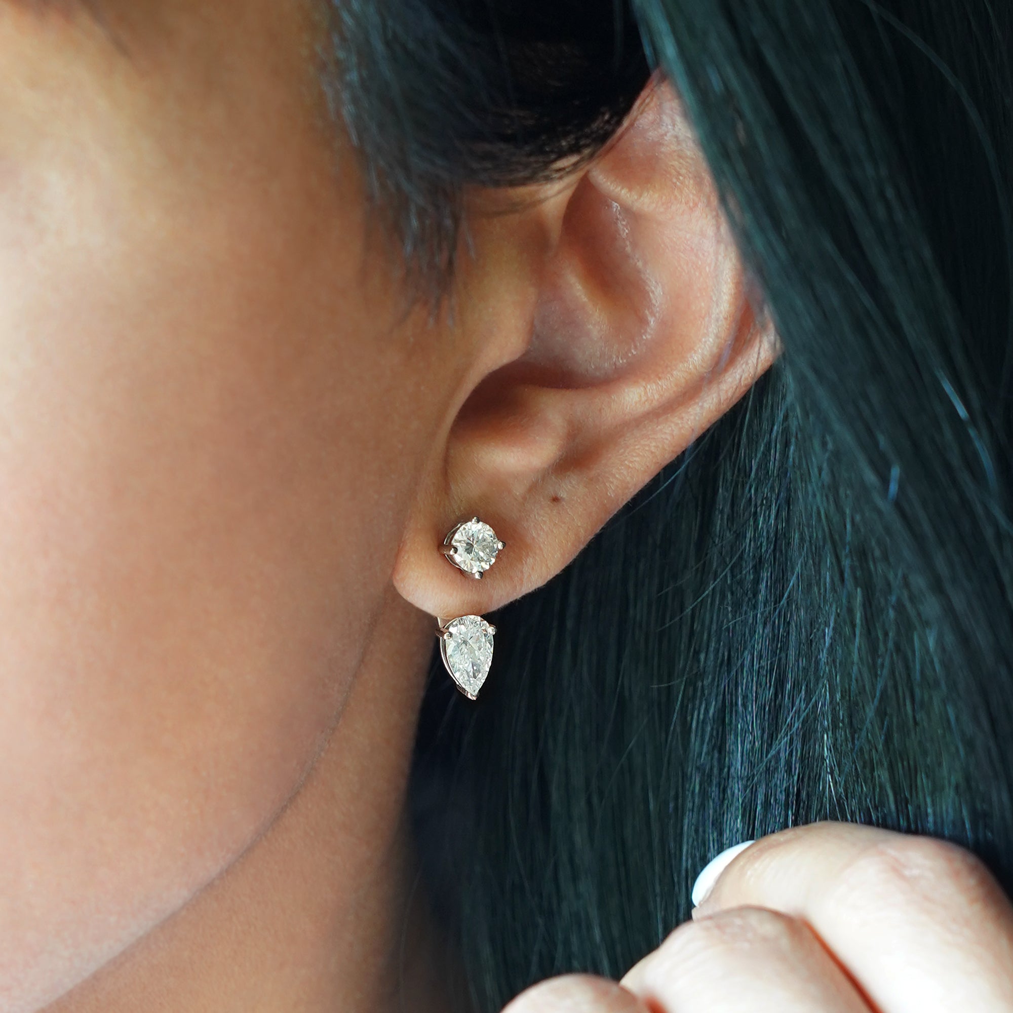 2.52 Carat Round & Pear shape Lab-grown Diamond Ear Jacket - 14K Solid White Gold